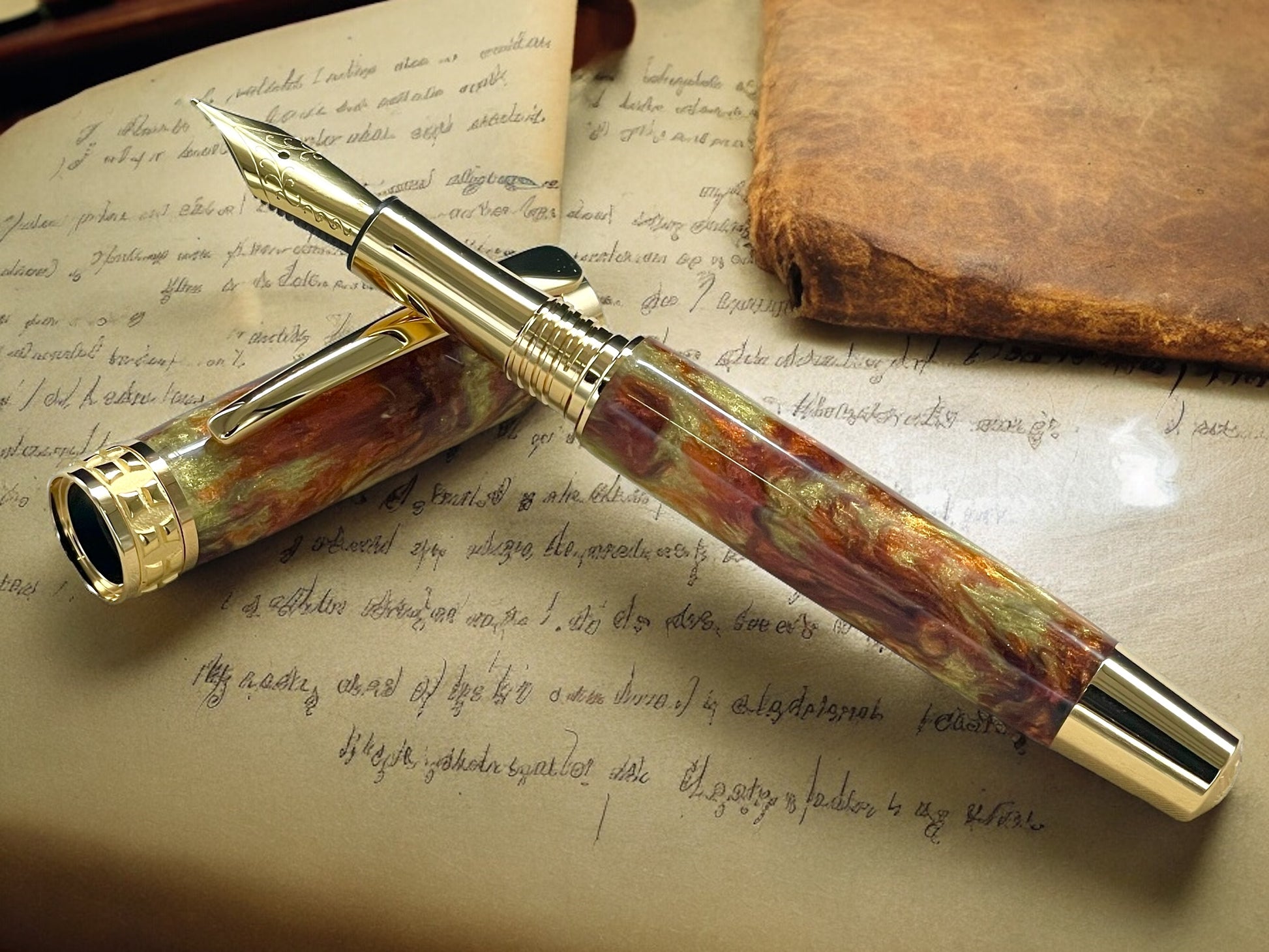 Striking “Blood Orange & Gold" Gold Rollerball Pen, Artisan Handcrafted Writing Instrument. Handmade Custom in Colorado. One of a Kind. - HighlanderPen