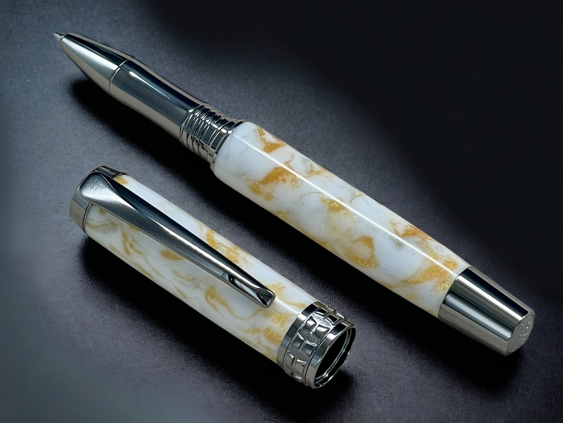 “Gold Marble”, One of a Kind, Handmade Custom Black Titanium Rollerball Pen. Artisan Rare & Unique, Completely Handcrafted in Colorado, USA. - HighlanderPen