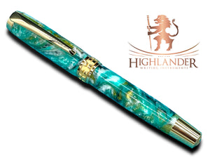 Elegant “Teal Swirl” Handcrafted Gold Rollerball Pen, One of a Kind, Handmade in Colorado. Ink, Velvet Sleeve, and Pen Box Included. - HighlanderPen