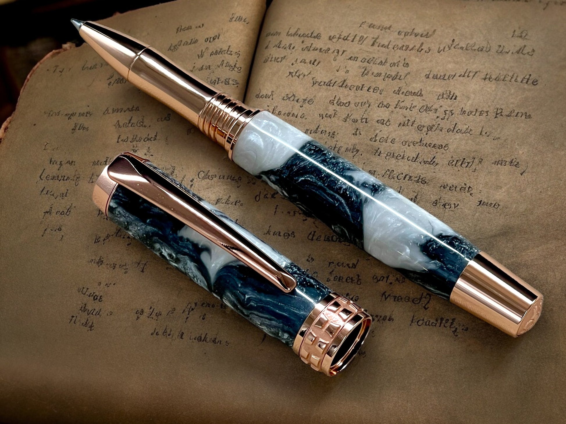 Elegant “Silver Pearl” Rose Gold Acrylic Rollerball Pen, Artisan Handcrafted Writing Instrument. Handmade Custom in Colorado. One of a Kind. - HighlanderPen