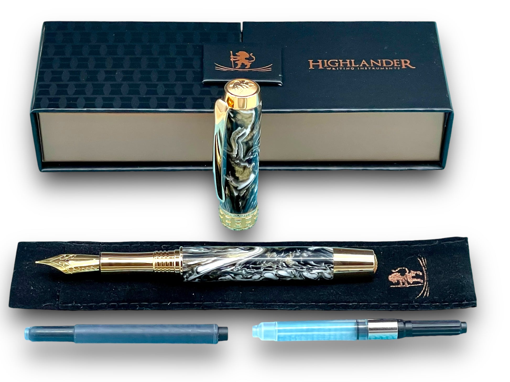 Elegant “Black and Gold” Handcrafted Luxury Gold Fountain Pen, One of a Kind, Handmade in Colorado. Ink, Converter, Sleeve, & Box Included. - HighlanderPen