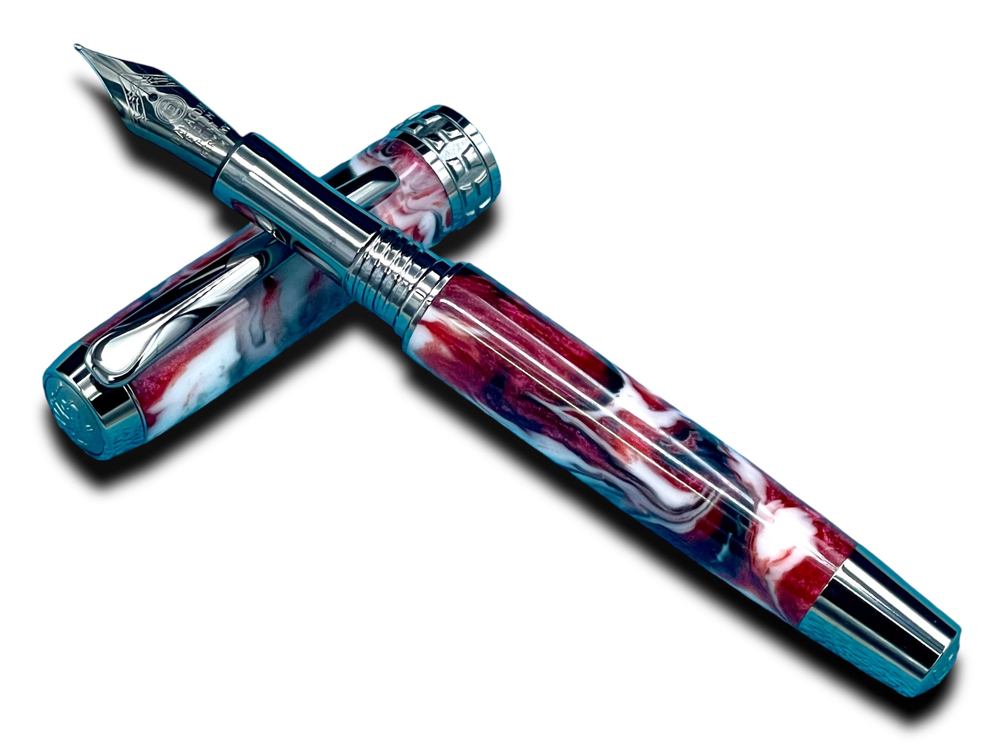 Elegant “Red Black Swirl” Black Titanium Fountain Pen, Artisan Handcrafted Writing Instrument. Converter, Ink, Sleeve & Box Included. - HighlanderPen