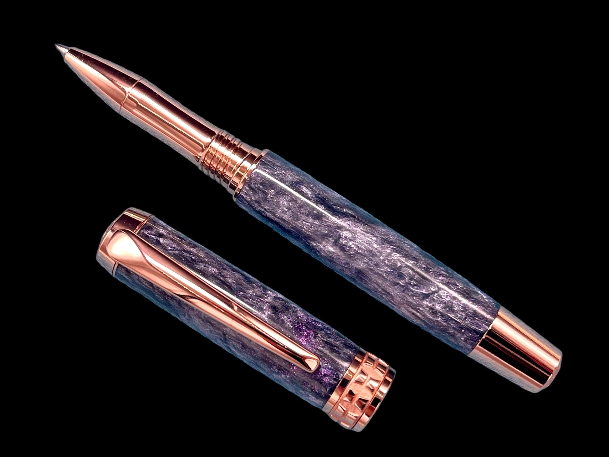 Elegant “Galactic Purple”, Rose Gold Acrylic Rollerball Pen, Artisan Handcrafted Writing Instrument. Handmade Custom in CO. One of a Kind. - HighlanderPen