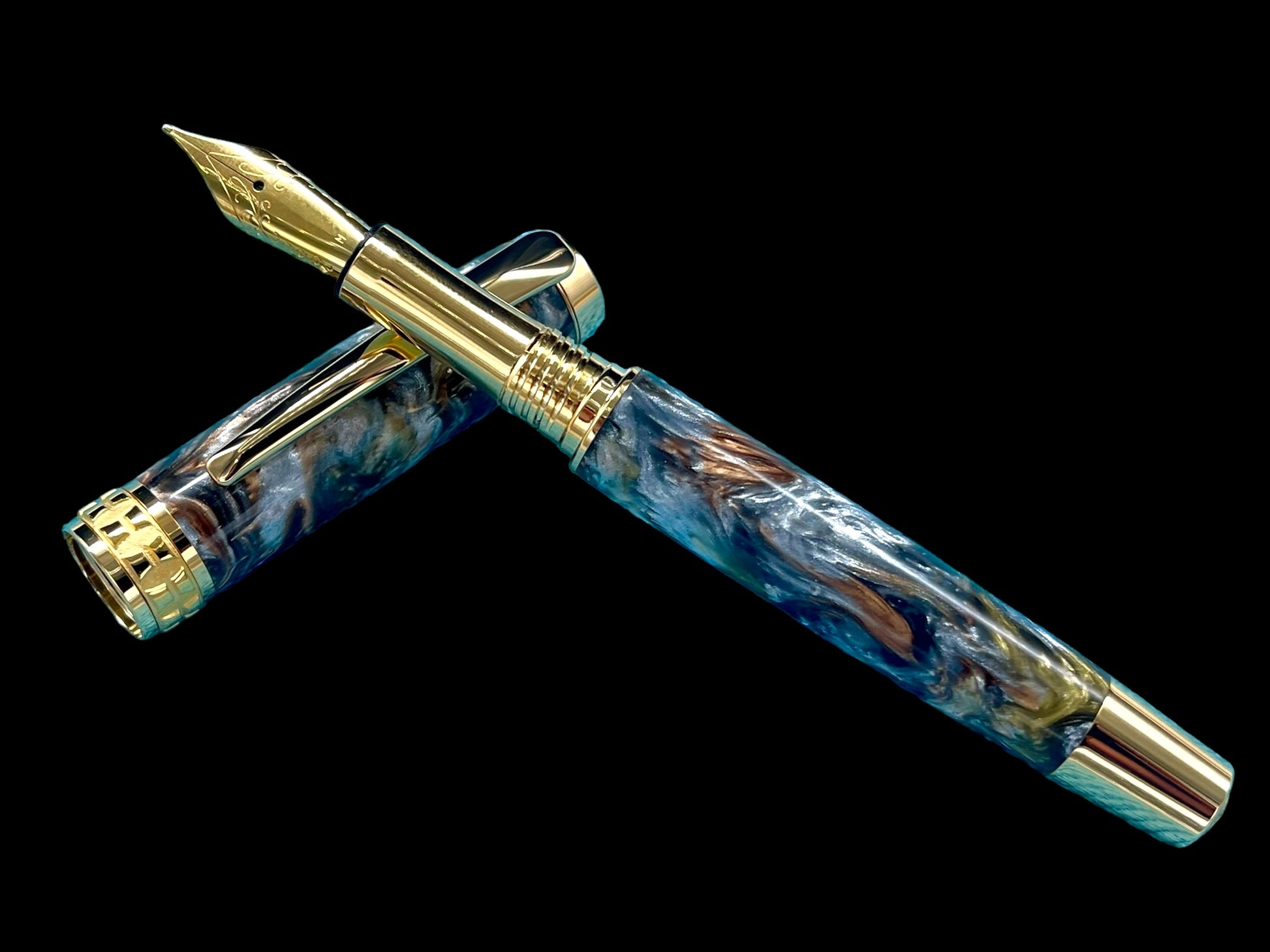 Striking “Molten Metals” Handcrafted Luxury Gold Fountain Pen, One of a Kind, Handmade in Colorado. Ink, Converter, Sleeve, & Box Included. - HighlanderPen