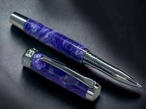 One of a Kind, Handmade Custom Purple Swirl on Black Titanium Rollerball Pen. Artisan Rare & Unique, Completely Handcrafted in Colorado, USA. - HighlanderPen