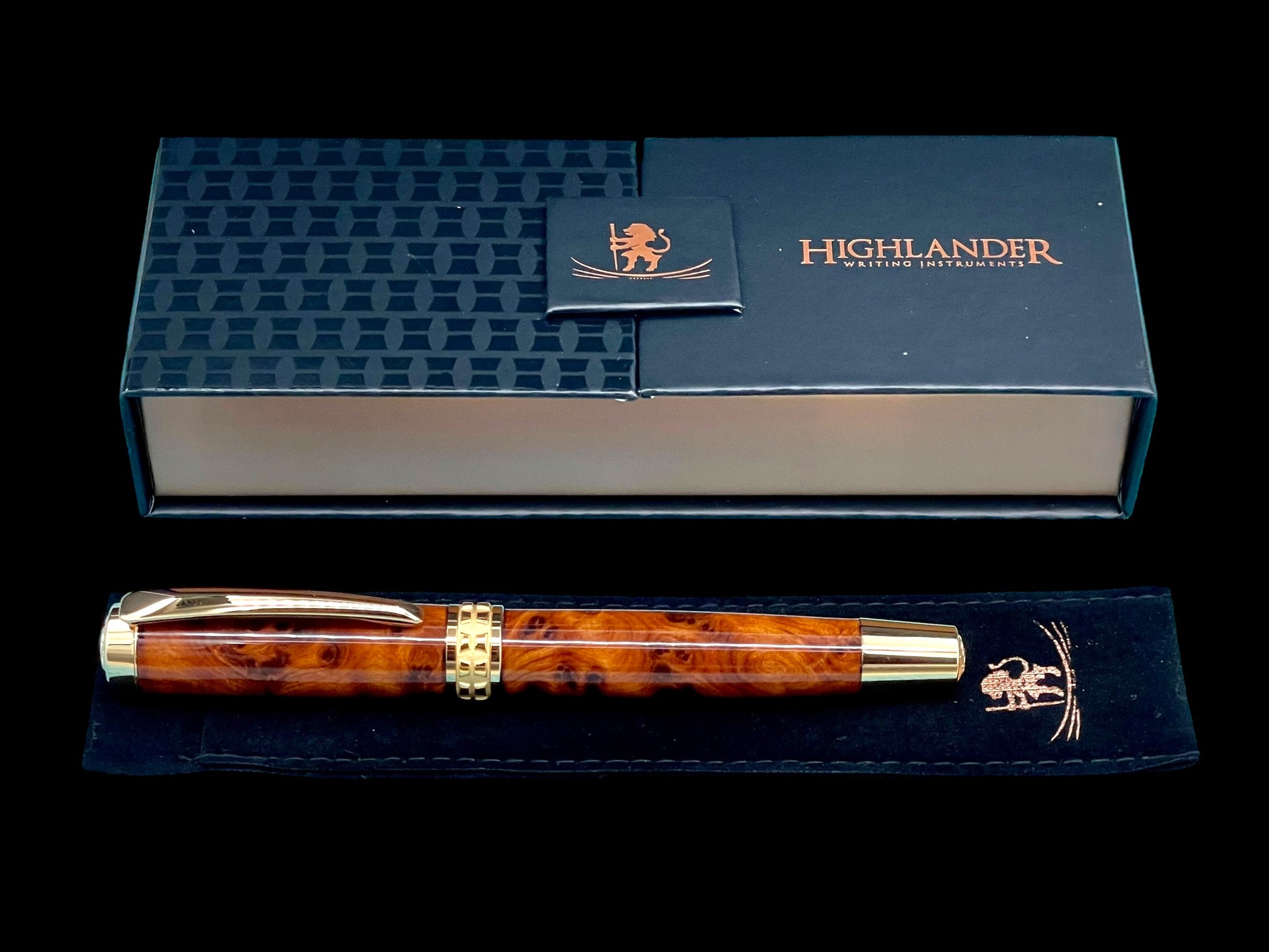 Exotic Thuya Burl Wood~Highlander Handcrafted Gold Rollerball Pen, One of a Kind, Handmade in CO. Ink, Velvet Sleeve, and Pen Box Included. (ML-RB-0926-03) - HighlanderPen