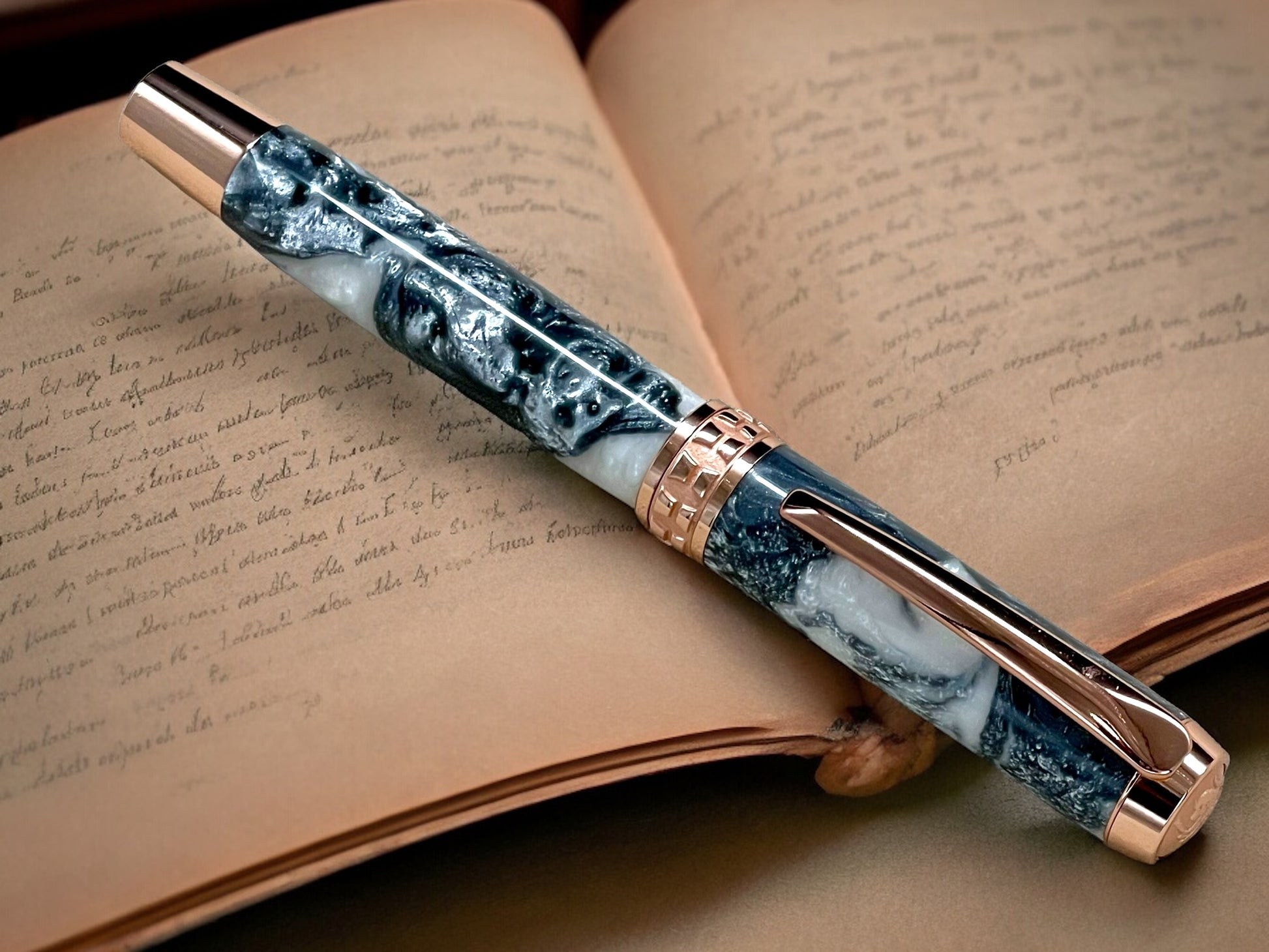 Elegant “Silver Pearl” Rose Gold Acrylic Rollerball Pen, Artisan Handcrafted Writing Instrument. Handmade Custom in Colorado. One of a Kind. - HighlanderPen