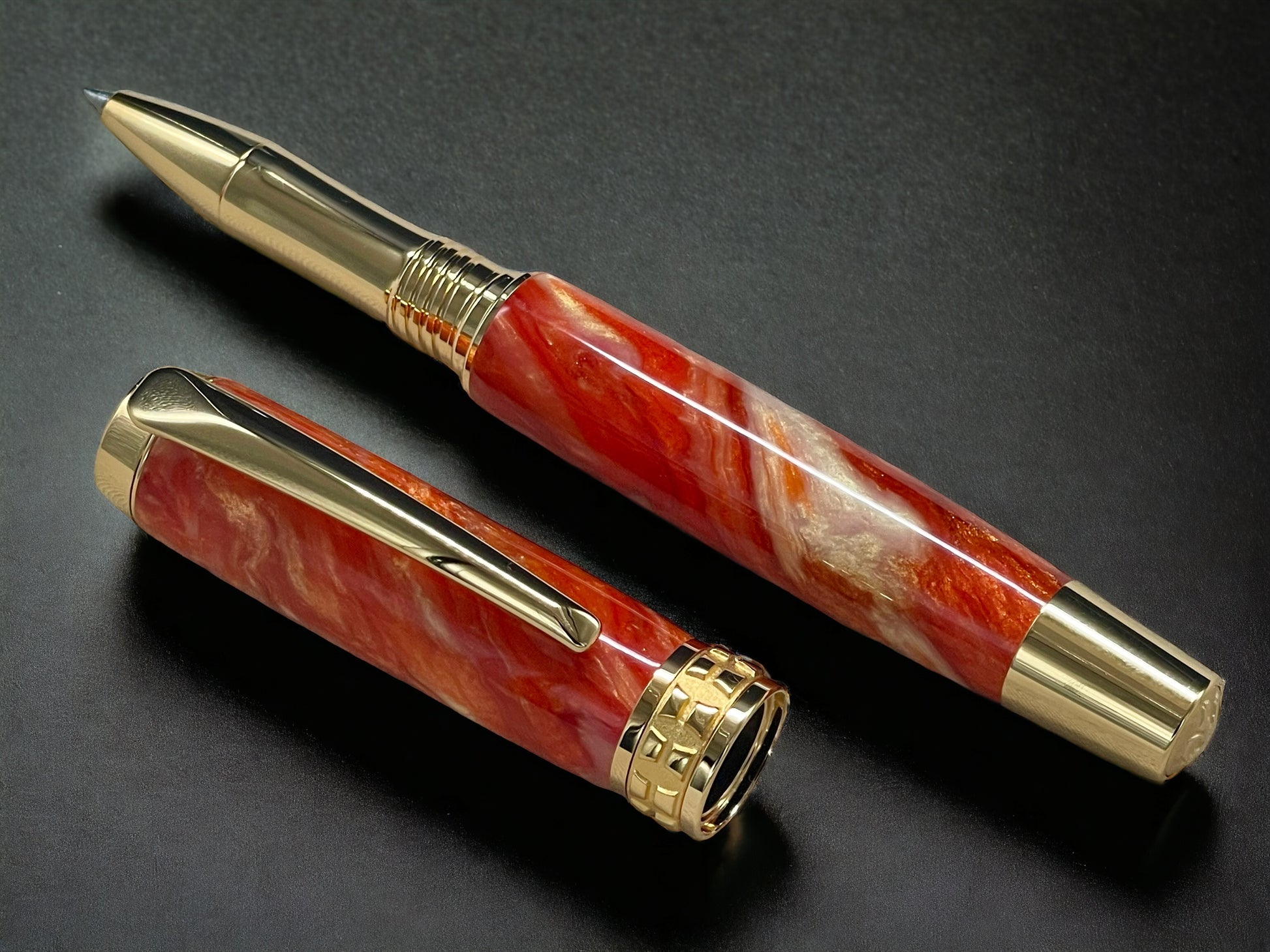 “Orangesicle Swirl”, One of a Kind, Gold Handmade Custom Rollerball Pen. Artisan Rare & Unique, Completely Handcrafted in Co, USA - HighlanderPen