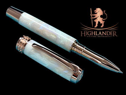 Elegant “Pearly Opal” Rose Gold Acrylic Rollerball Pen, Artisan Handcrafted Writing Instrument. One of a Kind, with Box, Felt Sleeve, & Ink. - HighlanderPen