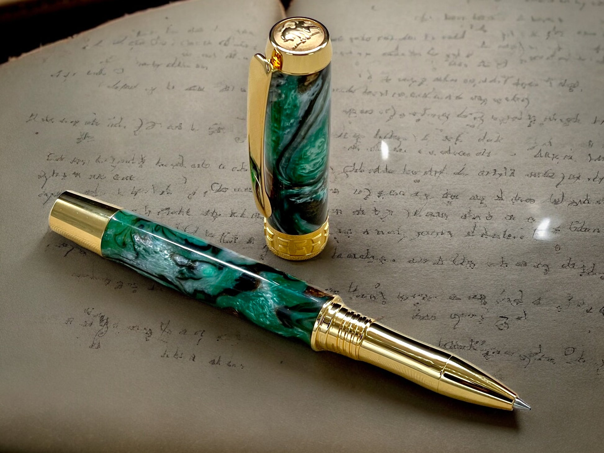 Elegant “Green & Bronze Swirl" Gold Rollerball Pen, Artisan Handcrafted Writing Instrument. Handmade Custom in Colorado. One of a Kind. - HighlanderPen