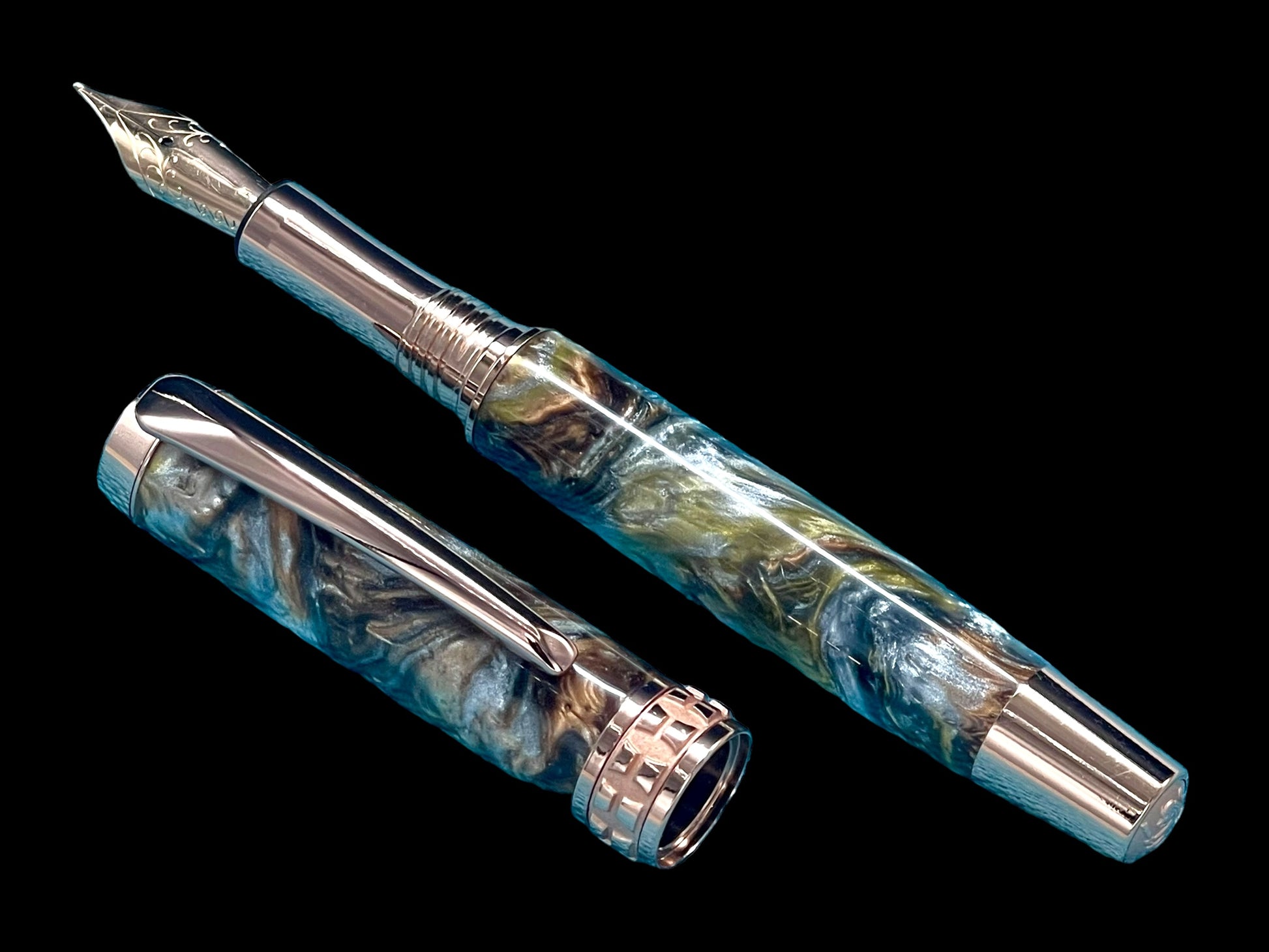 Striking “Molten Metals” Acrylic Rose Gold Fountain Pen, One of a Kind, Handmade in Colorado. Ink, Converter, Pen Sleeve & Box Included. - HighlanderPen