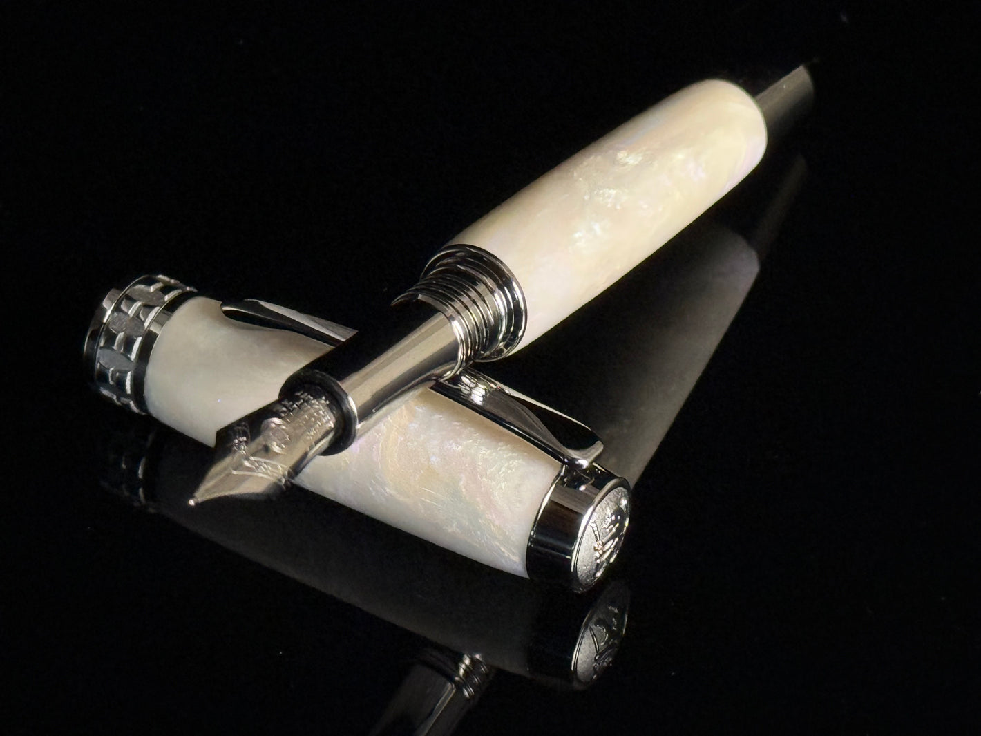 Pearly Opal | Black Titanium Fountain Pen | Handcrafted by Highlander