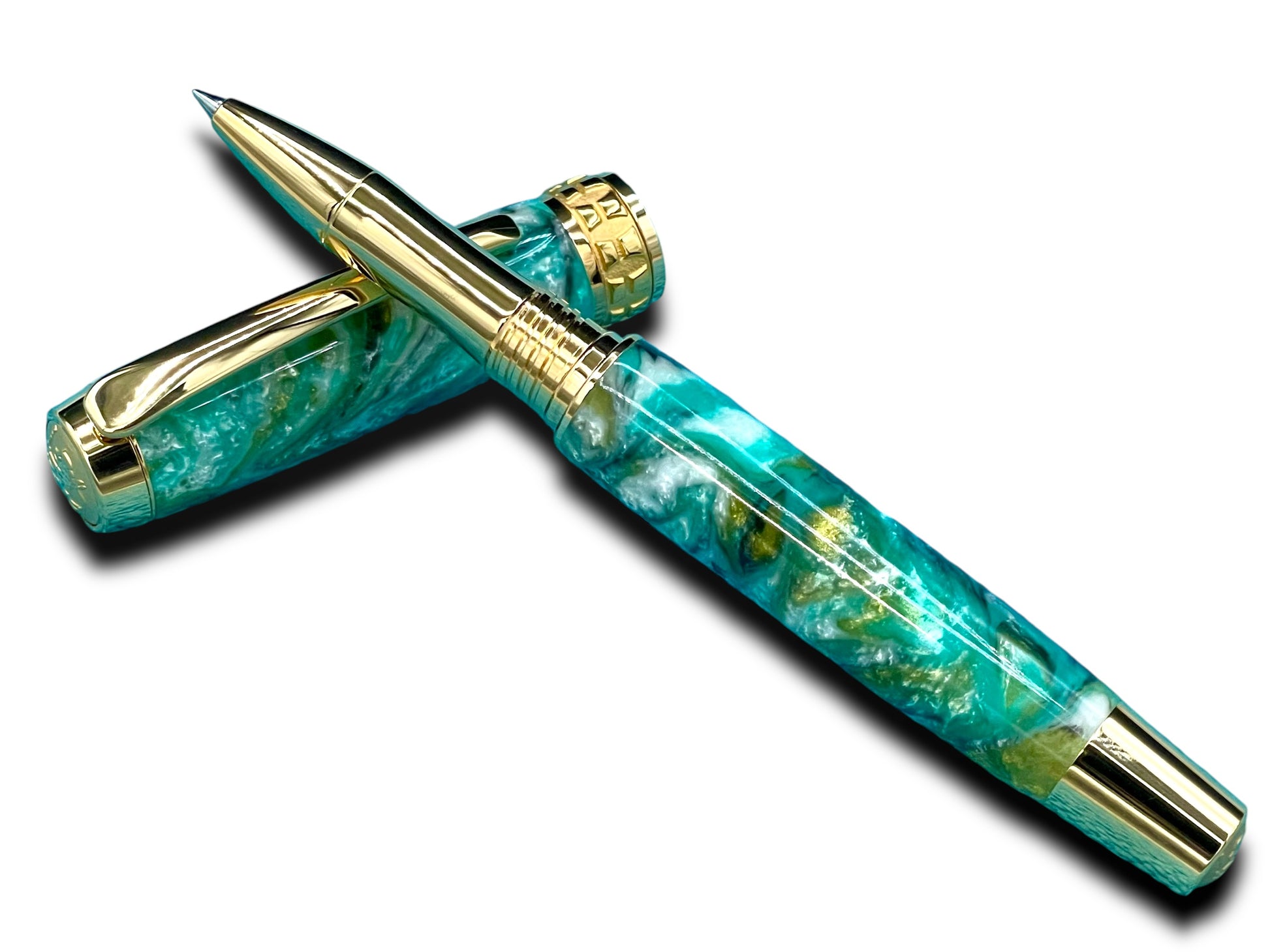 Elegant “Teal Swirl” Handcrafted Gold Rollerball Pen, One of a Kind, Handmade in Colorado. Ink, Velvet Sleeve, and Pen Box Included. - HighlanderPen