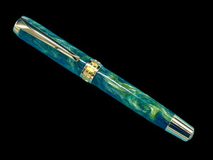 Elegant “Peacock” Handcrafted Luxury Gold Fountain Pen, One of a Kind, Handmade in Colorado. Ink, Converter, Sleeve, and Box Included. - HighlanderPen