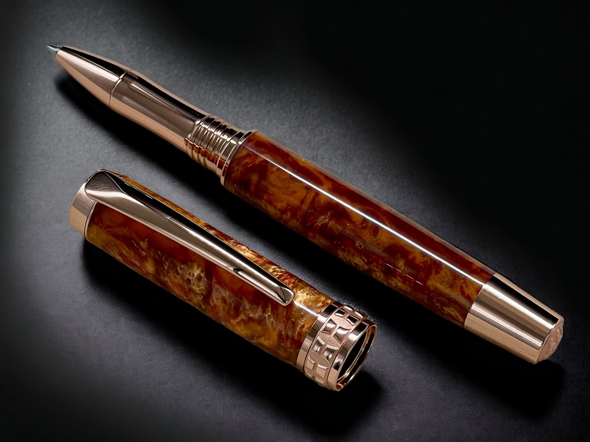 “Copper on Fire”, One of a Kind, Rose Gold, Handmade Custom Acrylic Rollerball Pen. Artisan Rare & Unique, Completely Handcrafted  in Co, US - HighlanderPen