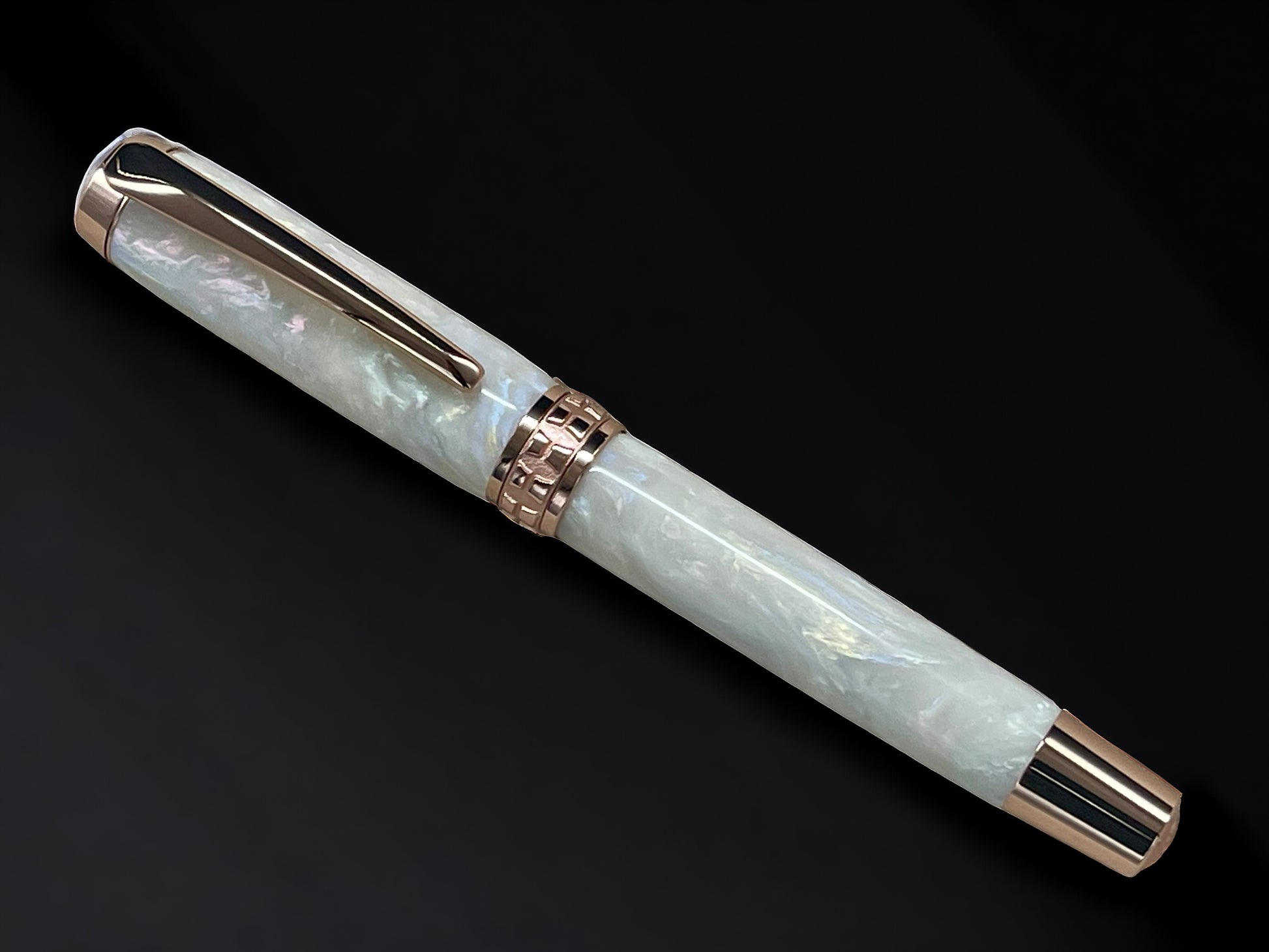 “Pearly Opal”, One of a Kind, Rose Gold, Handmade Custom Acrylic Fountain Pen. Artisan Rare & Unique, Completely Handcrafted in Colorado, USA - HighlanderPen