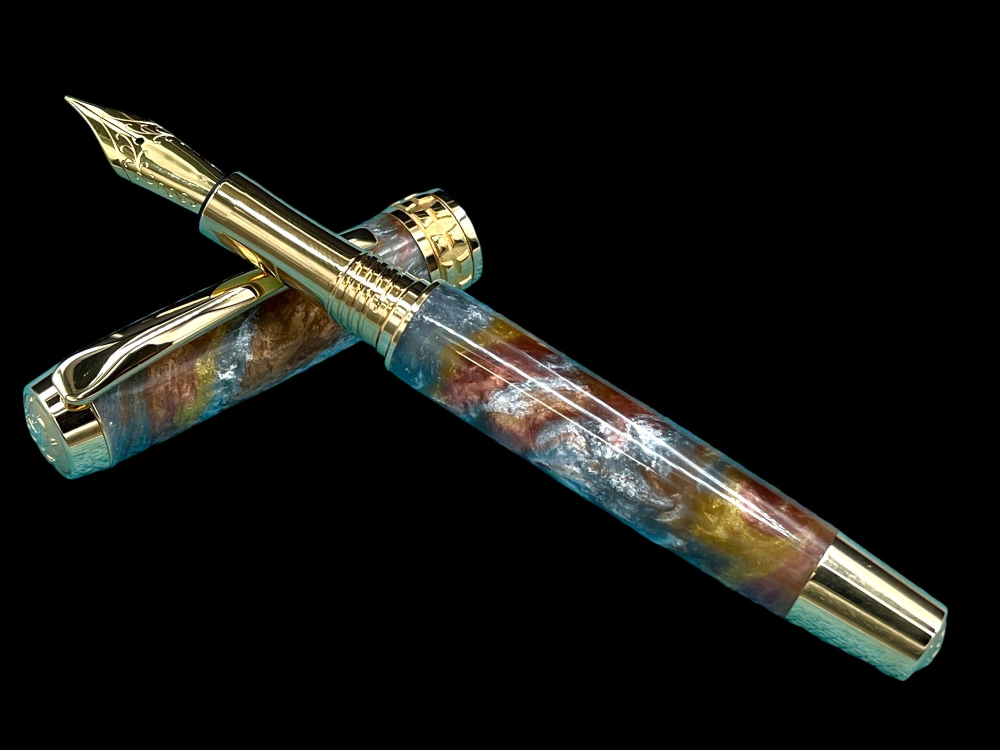 Striking “Molten Metals” Handcrafted Luxury Gold Fountain Pen, One of a Kind, Handmade in CO. Ink, Converter, Sleeve, & Box Included. - HighlanderPen