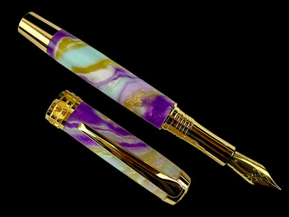 Gold Handmade Elegant Fountain Pen, One of a Kind. Ink, Converter, Sleeve, & Box Included. Handcrafted in Colorado By Highlander Pen [ML-FP-1120-02]