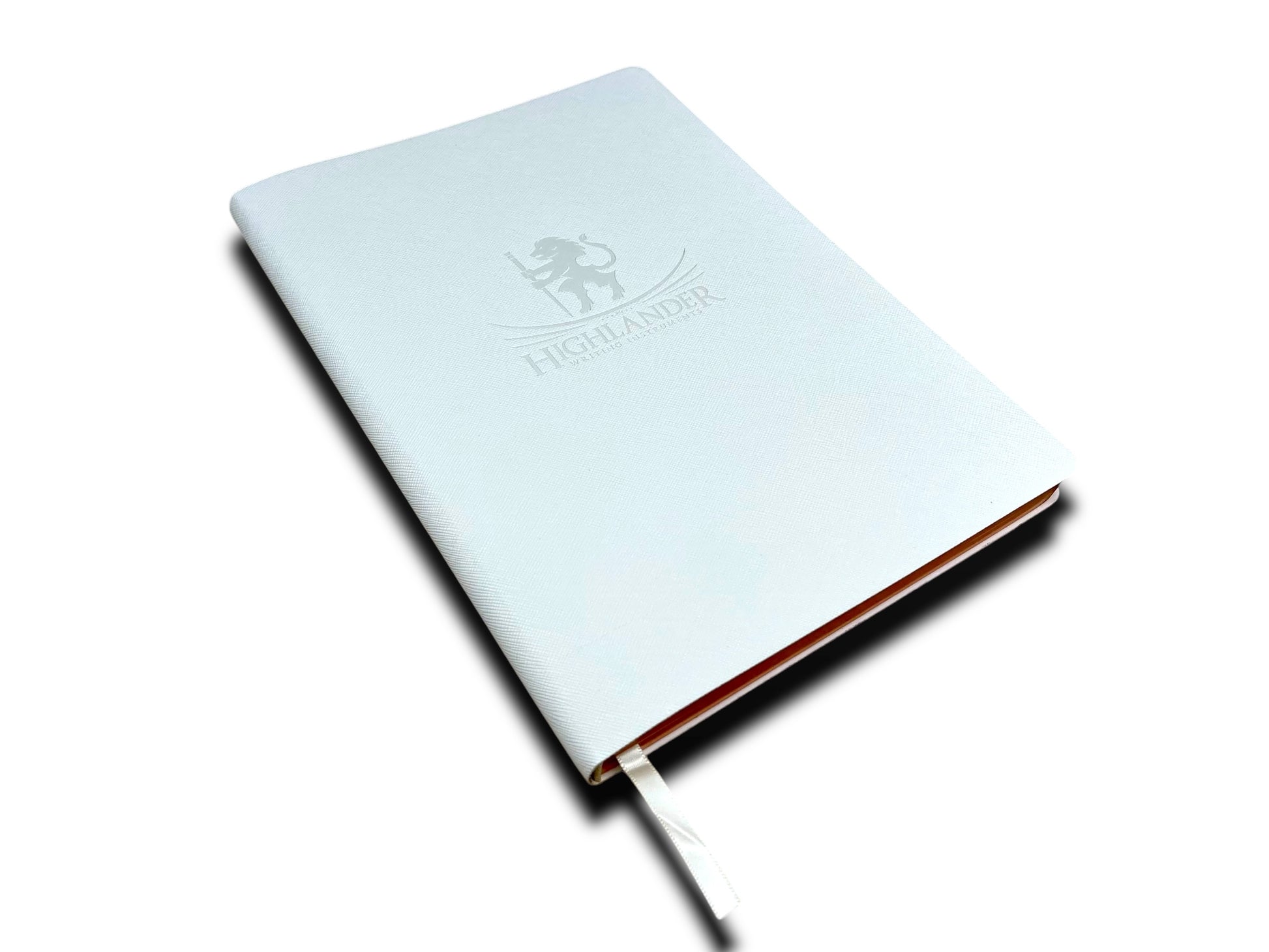 Large Saffiano PU White Leather Journal, 10” X 7”, 120 GSM, Rose Gold Gilded Edges, Satin Ribbon, 25 Lines/Page, 192 Pages, In Box. - HighlanderPen