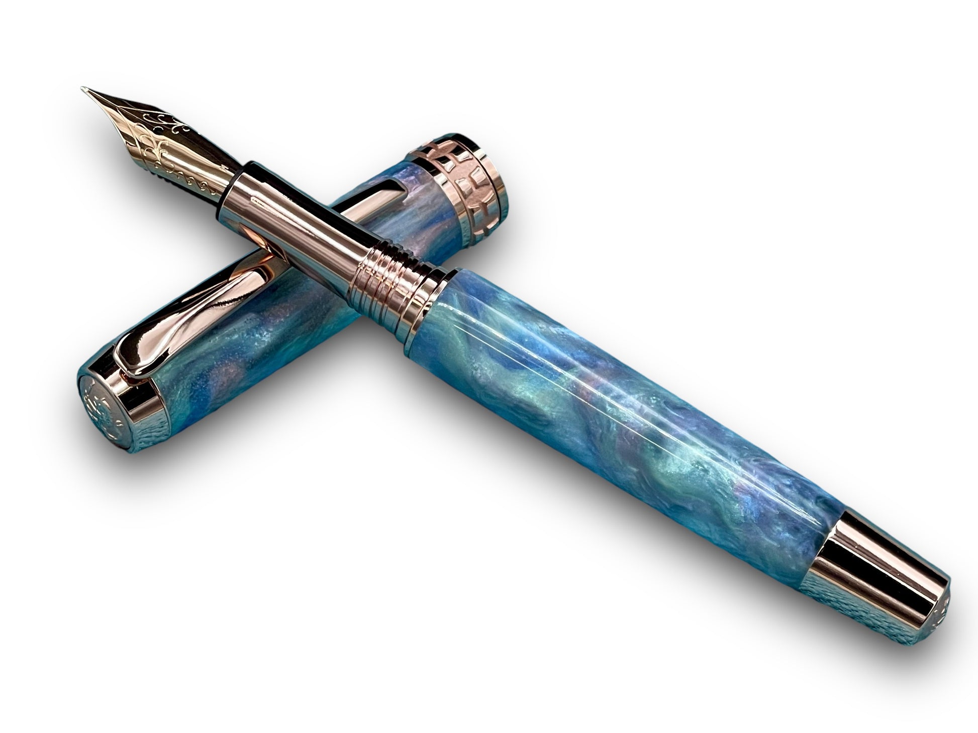 Elegant “Black Opal” Rose Gold Acrylic Fountain Pen, One of a Kind, Handmade in Colorado. Ink, Converter, Pen Sleeve & Box Included. - HighlanderPen