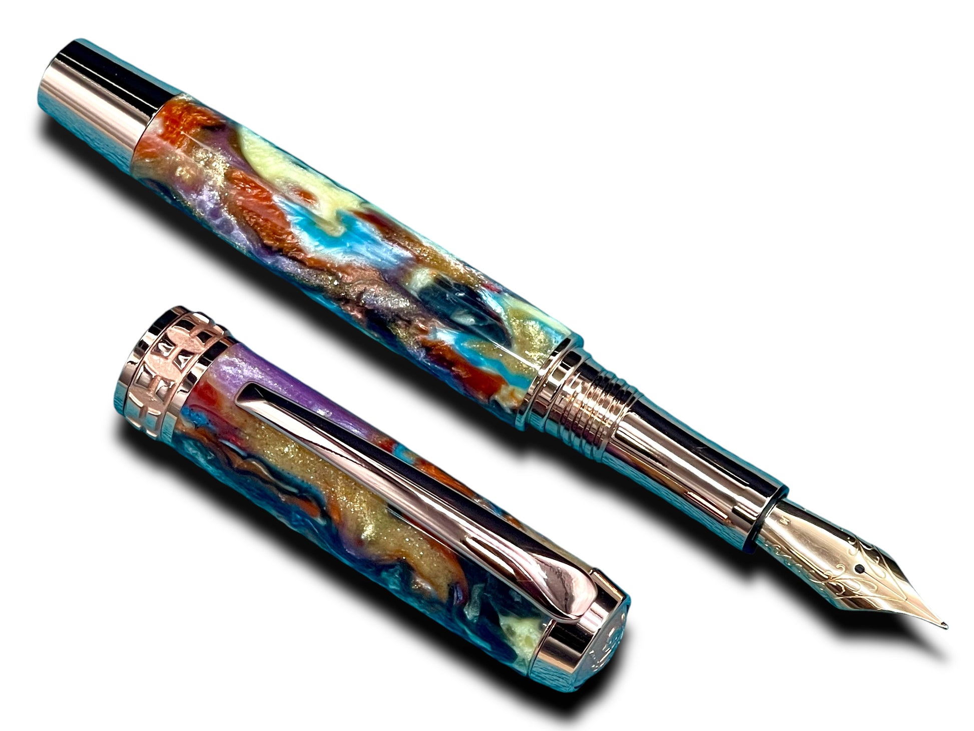 Elegant “Color Splash Acrylic” Rose Gold Fountain Pen, One of a Kind, Handmade in Colorado. Ink, Converter, Pen Sleeve & Box Included. - HighlanderPen