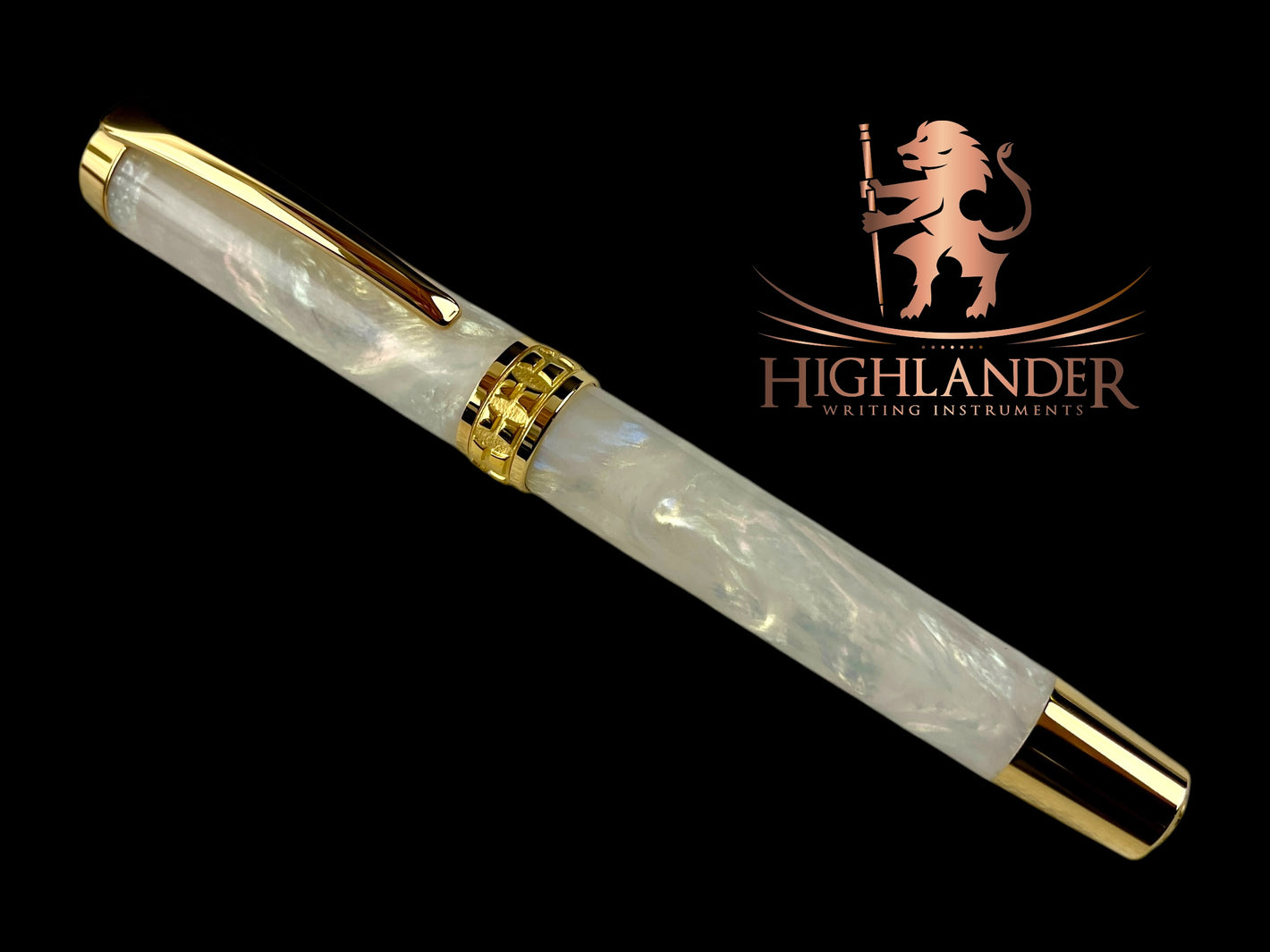 Gold “Pearly Opal” Handcrafted Rollerball Pen, One of a Kind, Handmade in CO. Ink, Velvet Sleeve, and Pen Box Included. By Highlander Pen. [ML-RB-1217-02]