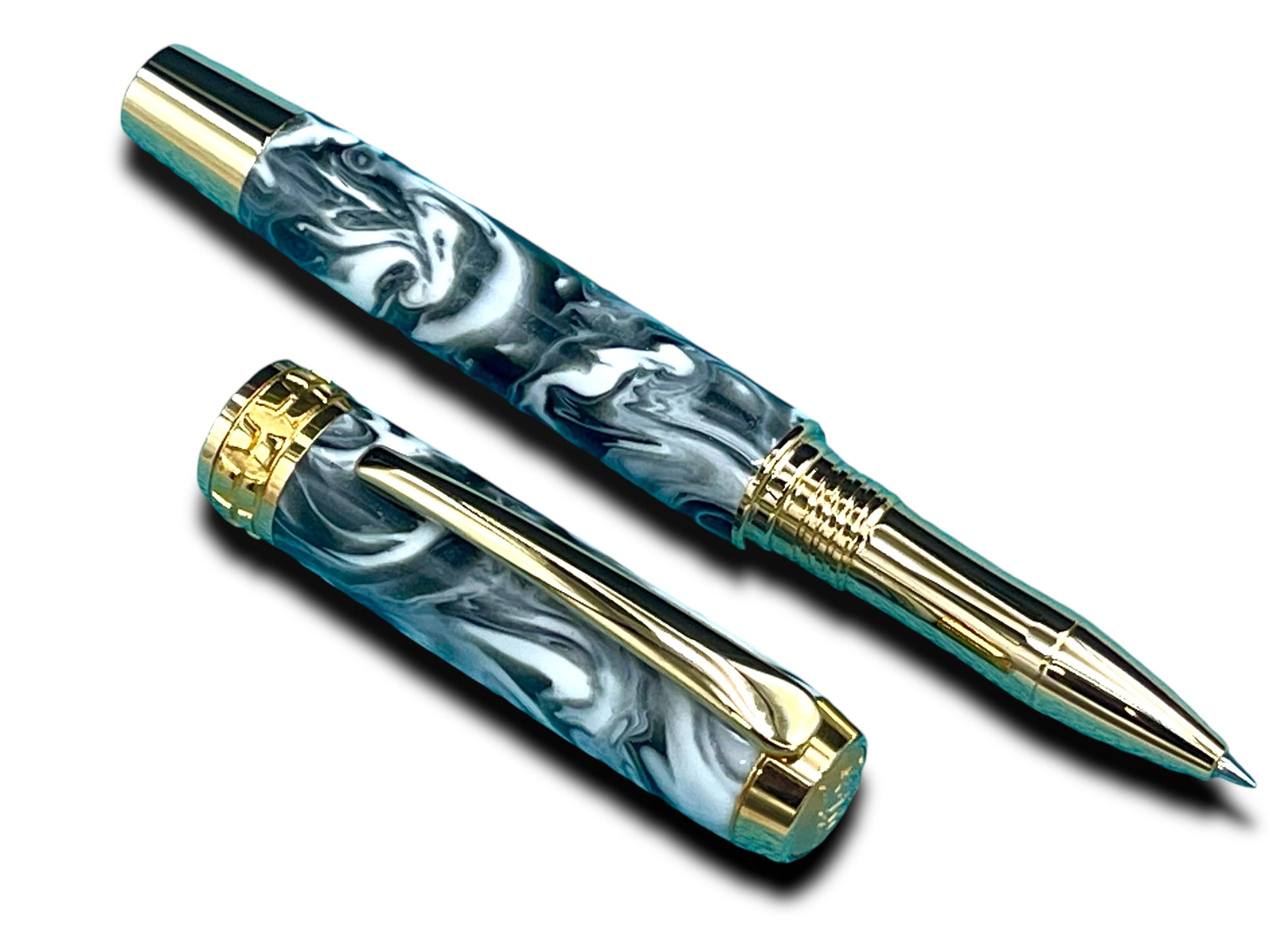 Timeless “Imperial Black” Handcrafted Gold Rollerball Pen, One of a Kind, Handmade in Colorado. Ink, Velvet Sleeve, and Pen Box Included. - HighlanderPen