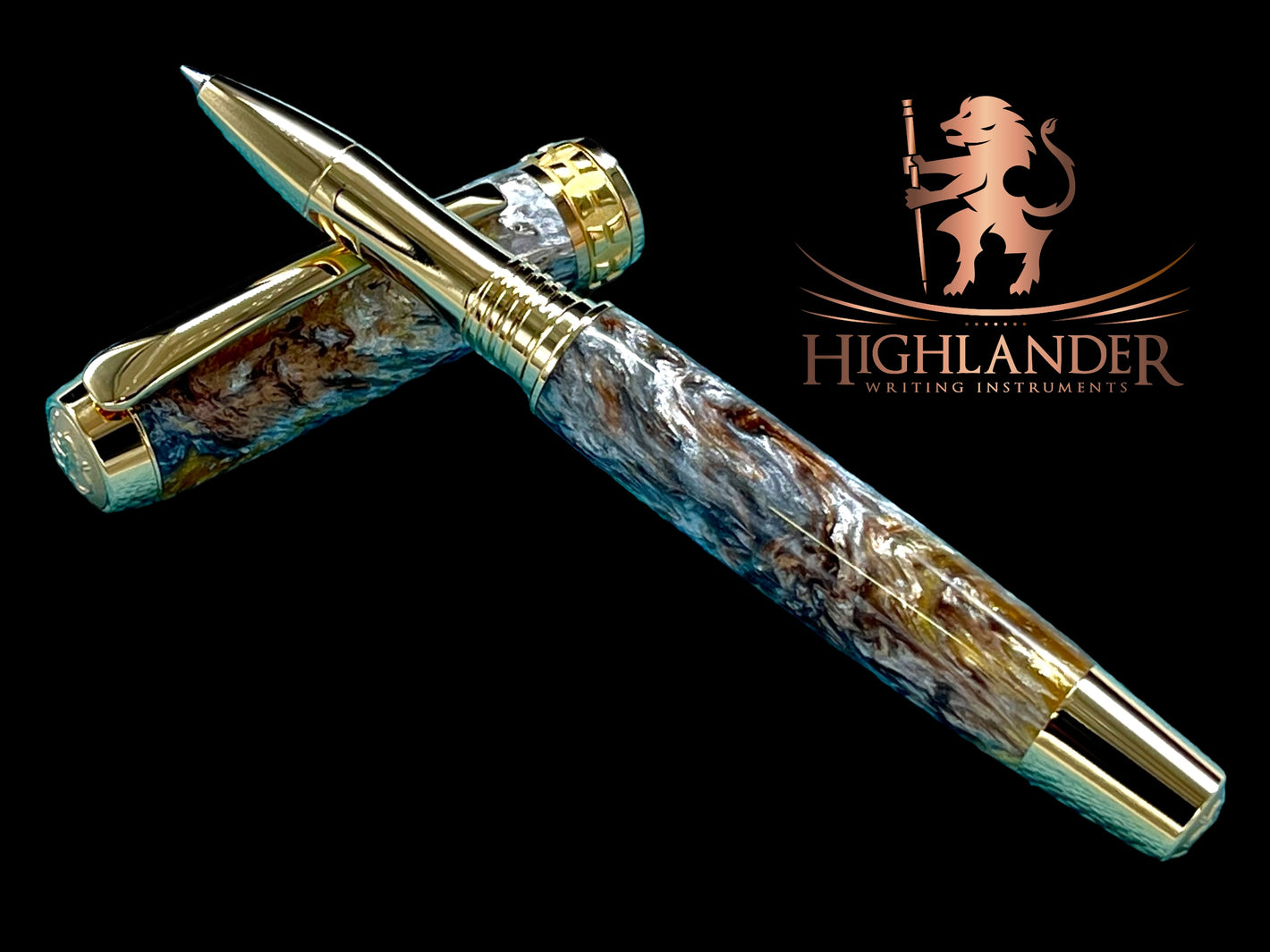 Striking “Molten Metals” Handcrafted Gold Rollerball Pen, One of a Kind, Handmade in Colorado. Ink, Velvet Sleeve, and Pen Box Included. - HighlanderPen