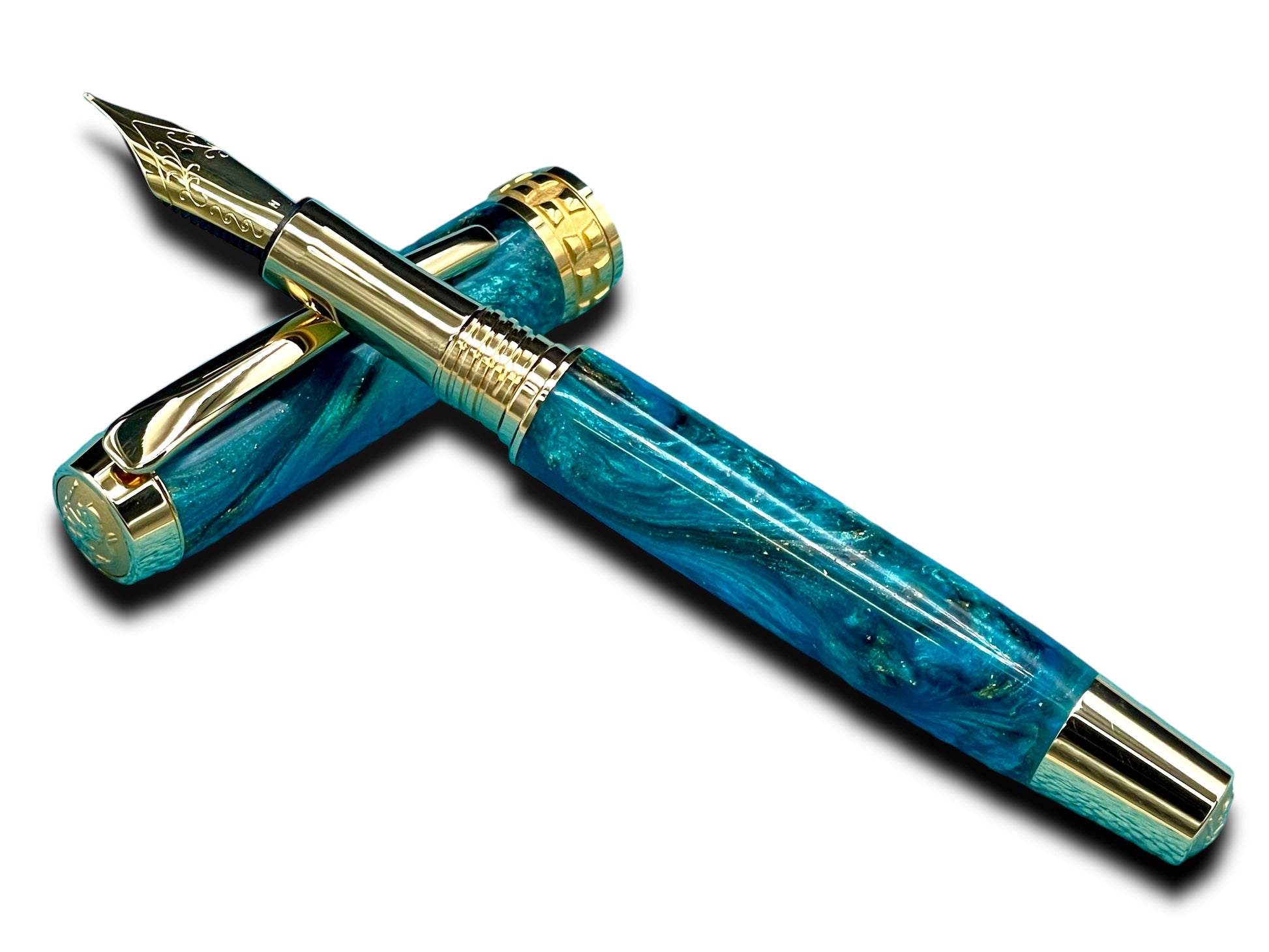 Elegant “Teal/Black/Gold” Handcrafted Luxury Gold Fountain Pen, One of a Kind, Handmade in Colorado. Ink, Converter, Sleeve, & Box Included. - HighlanderPen