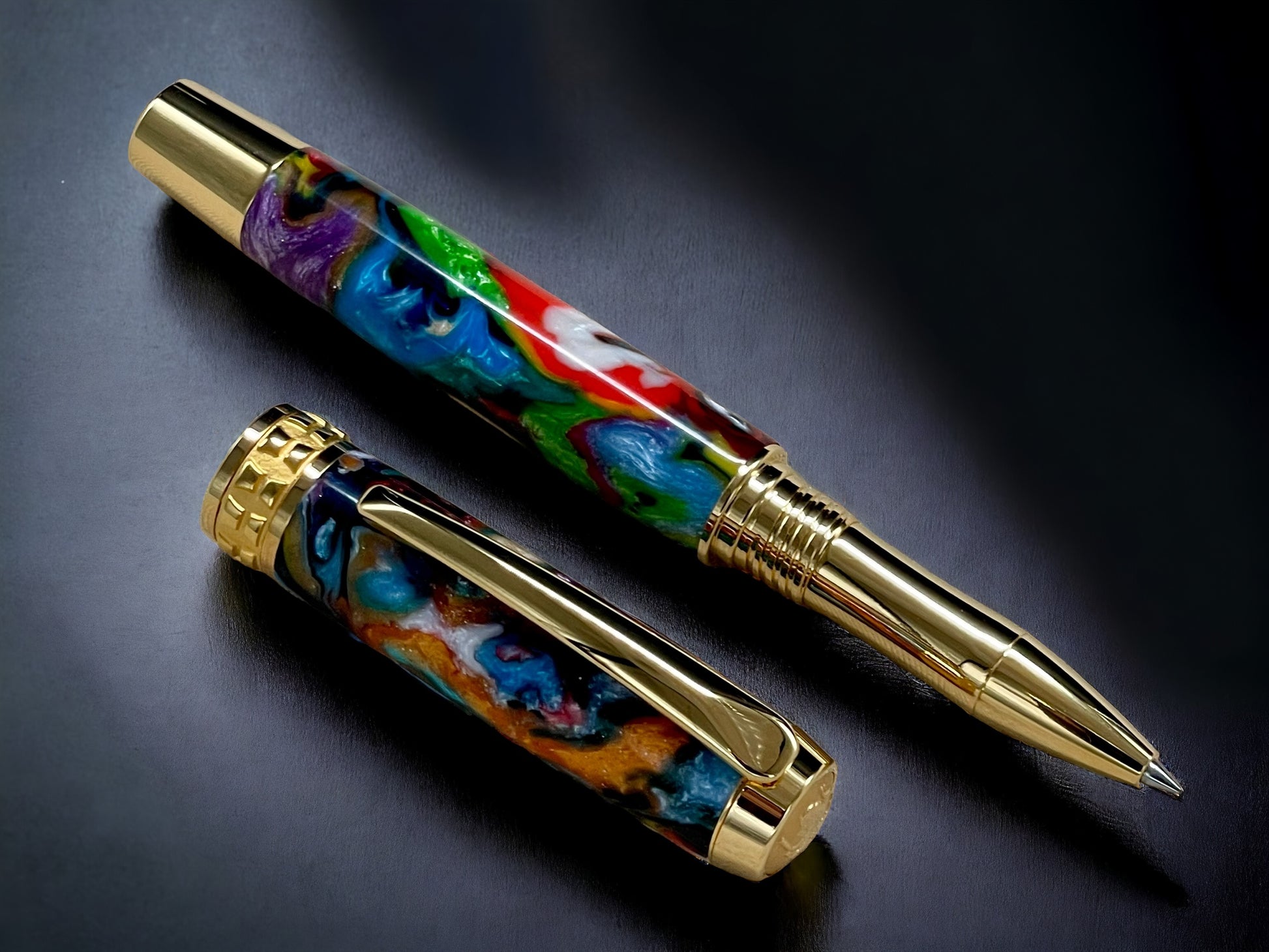 Gold Rollerball Pen, Artisan Handcrafted Writing Instrument. Handmade with Custom Hardware in Colorado. One of a Kind. “Color Explosion” - HighlanderPen