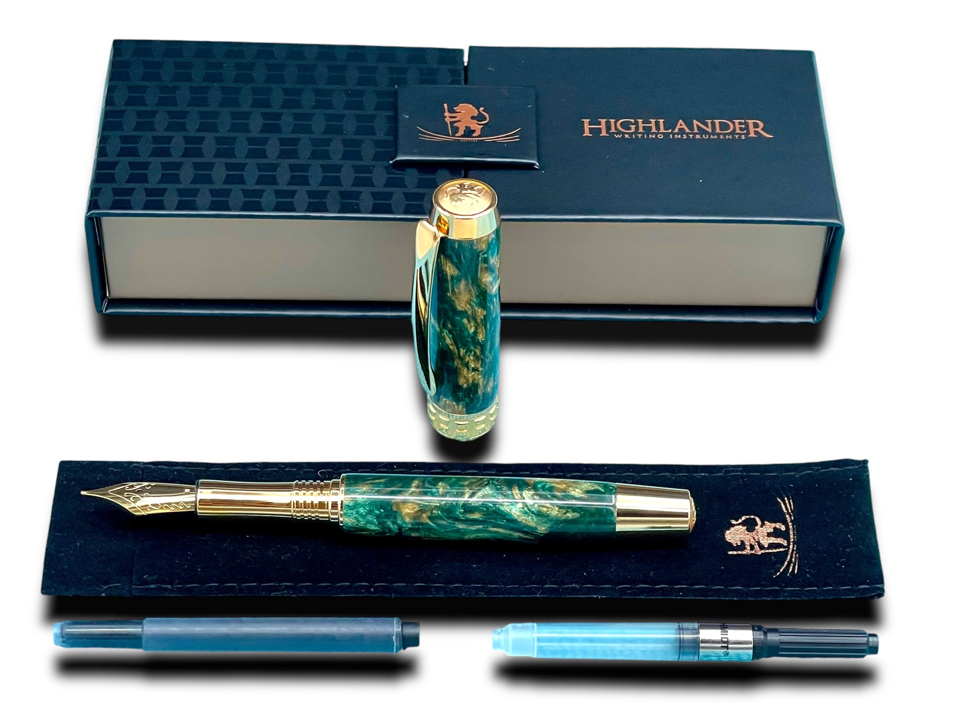 Timeless “British Racing Green” Handcrafted Luxury Gold Fountain Pen, One of a Kind, Handmade in CO. Ink, Converter, Sleeve, & Box Included. - HighlanderPen