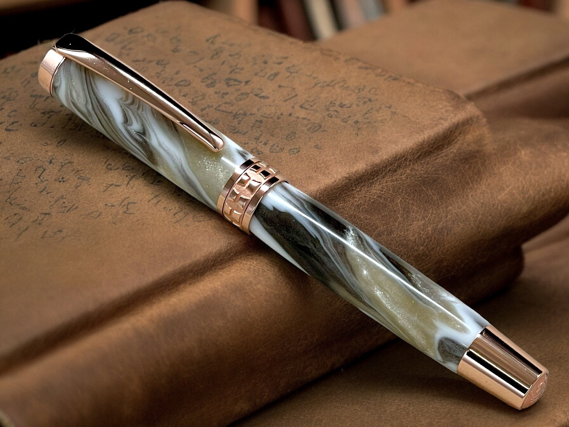 Elegant “Swirling Marble” Rose Gold Fountain Pen, Artisan Handcrafted Writing Instrument. Simple to Use. Handmade in CO USA. One of a Kind - HighlanderPen