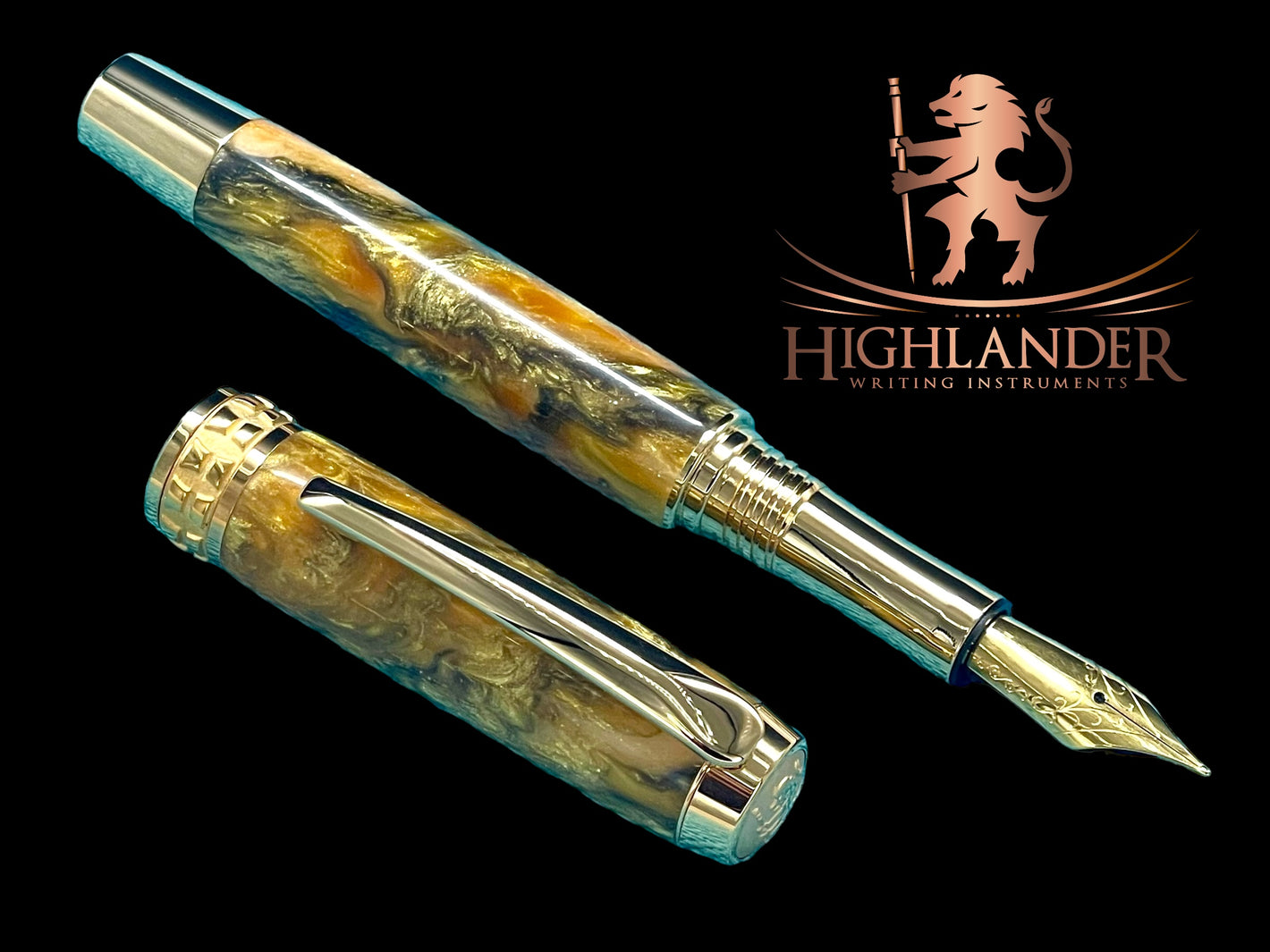 Striking “Gold-Orange Swirl” Handcrafted Gold Fountain Pen, One of a Kind, Handmade in Colorado. Ink, Converter, Sleeve, & Box Included. - HighlanderPen