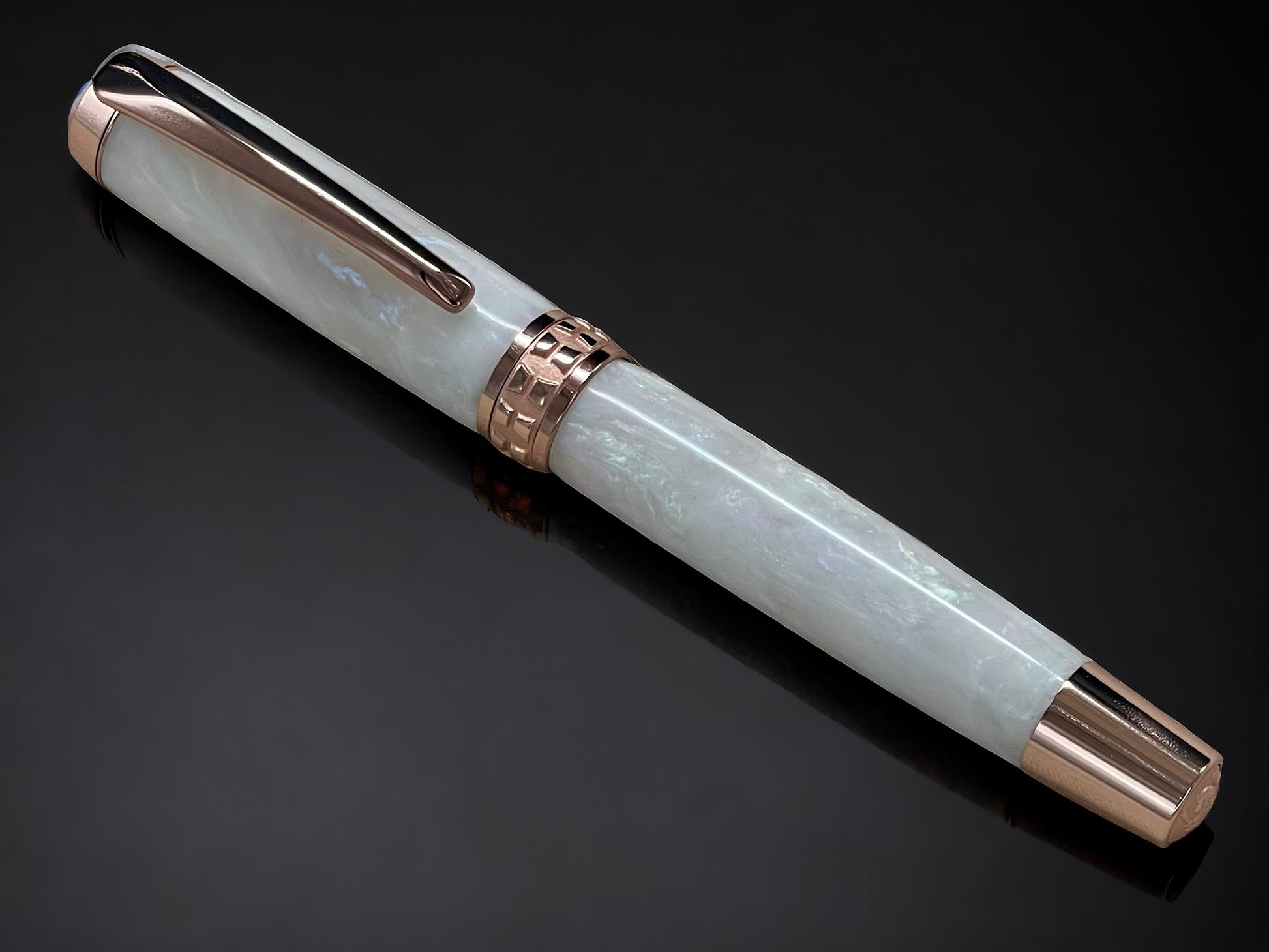 “Pearly Opal Acrylic” One of a Kind Rose Gold, Handmade Custom Rollerball Pen. Artisan Rare & Unique, Completely Handcrafted  in Co, USA - HighlanderPen