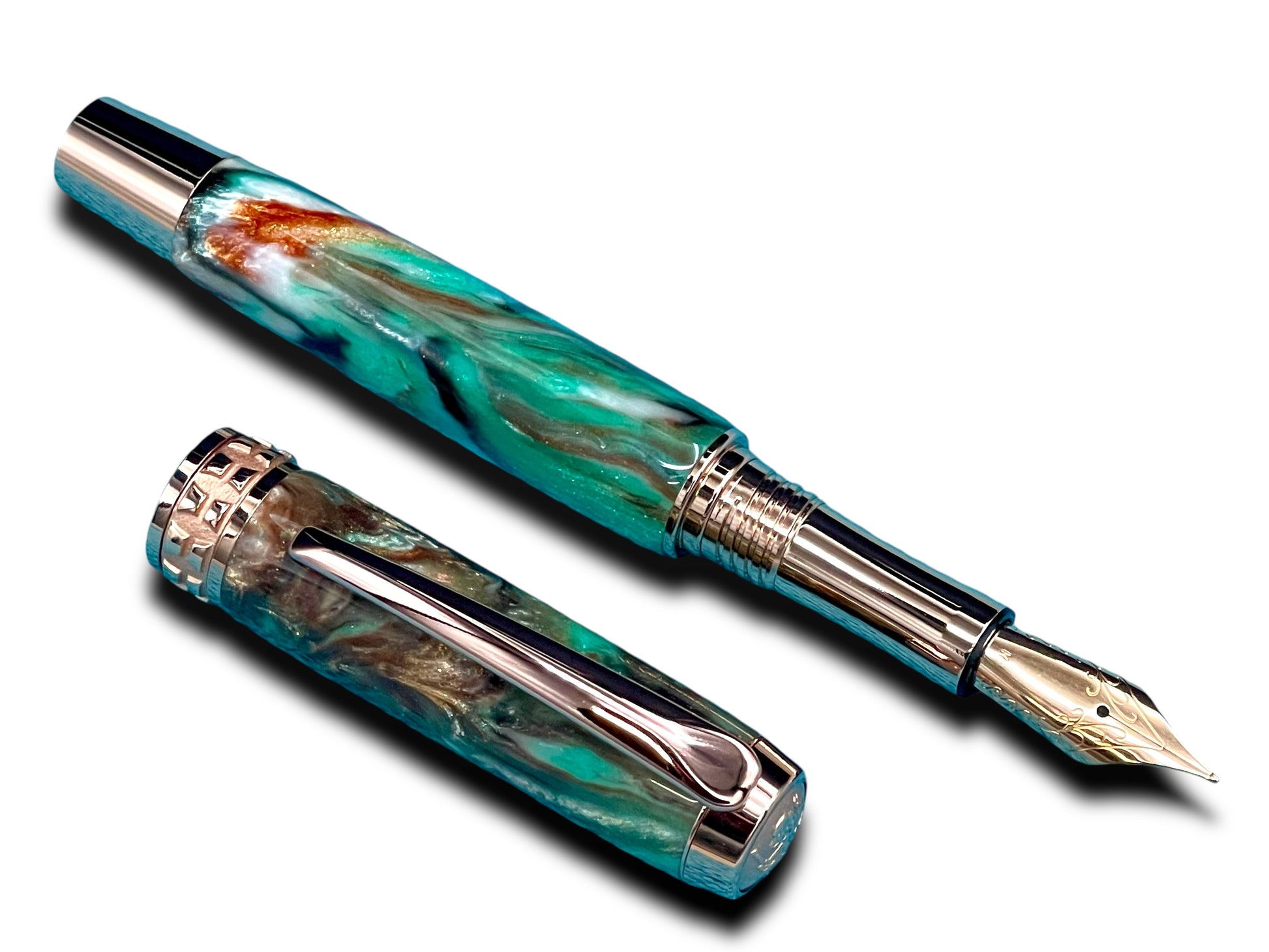 Striking “Green-Bronze Acrylic” Rose Gold Fountain Pen, One of a Kind, Handmade in Colorado. Ink, Converter, Pen Sleeve & Box Included. - HighlanderPen