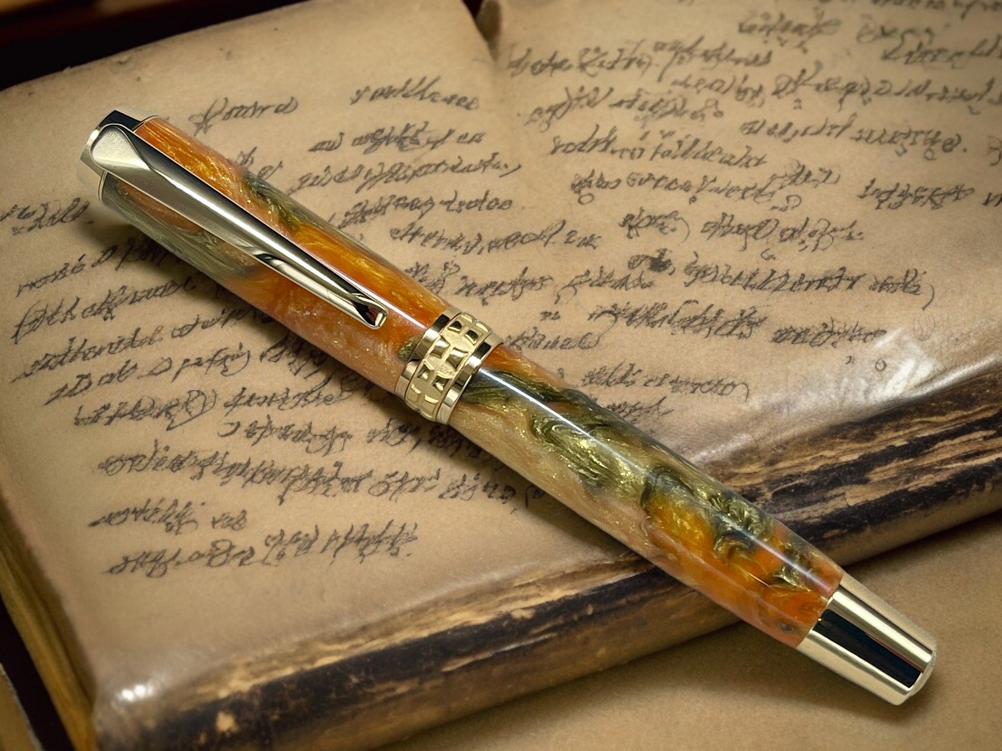 Striking “Orange Gold Swirl” Gold Fountain Pen, Artisan Handcrafted Writing Instrument. Simple to Use. Handmade with Custom Hardware in CO. - HighlanderPen