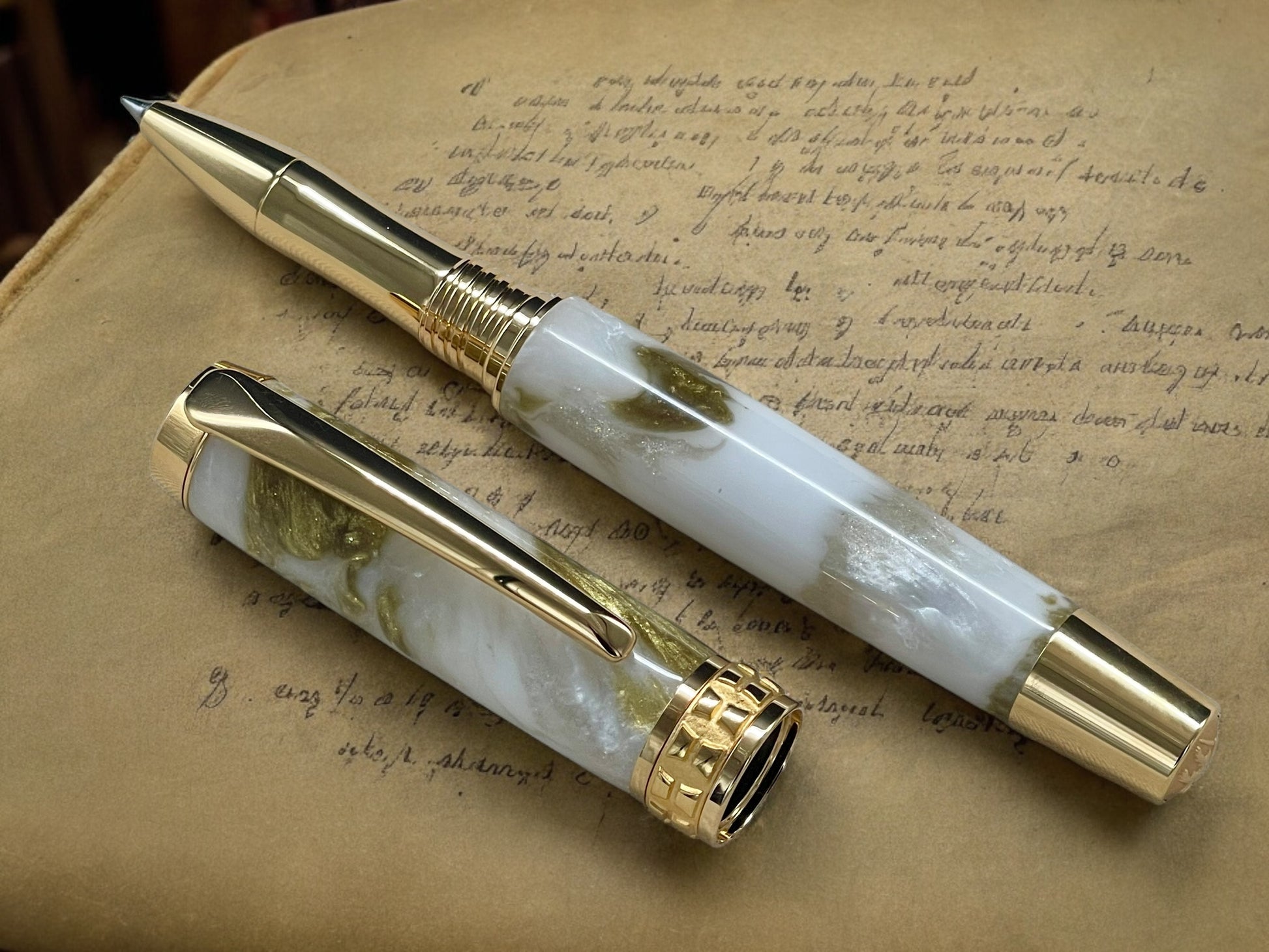 Elegant “Gold Marble” Gold Rollerball Pen, Artisan Handcrafted Writing Instrument. Handmade with Custom Hardware in Colorado. One of a Kind. - HighlanderPen