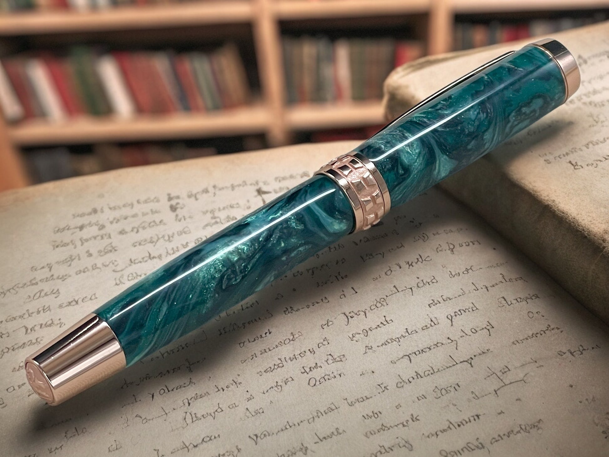 Elegant “Luminescent Green” Rose Gold Fountain Pen, Artisan Handcrafted Writing Instrument. Simple to Use. Handmade in CO w/ Custom Hardware. - HighlanderPen