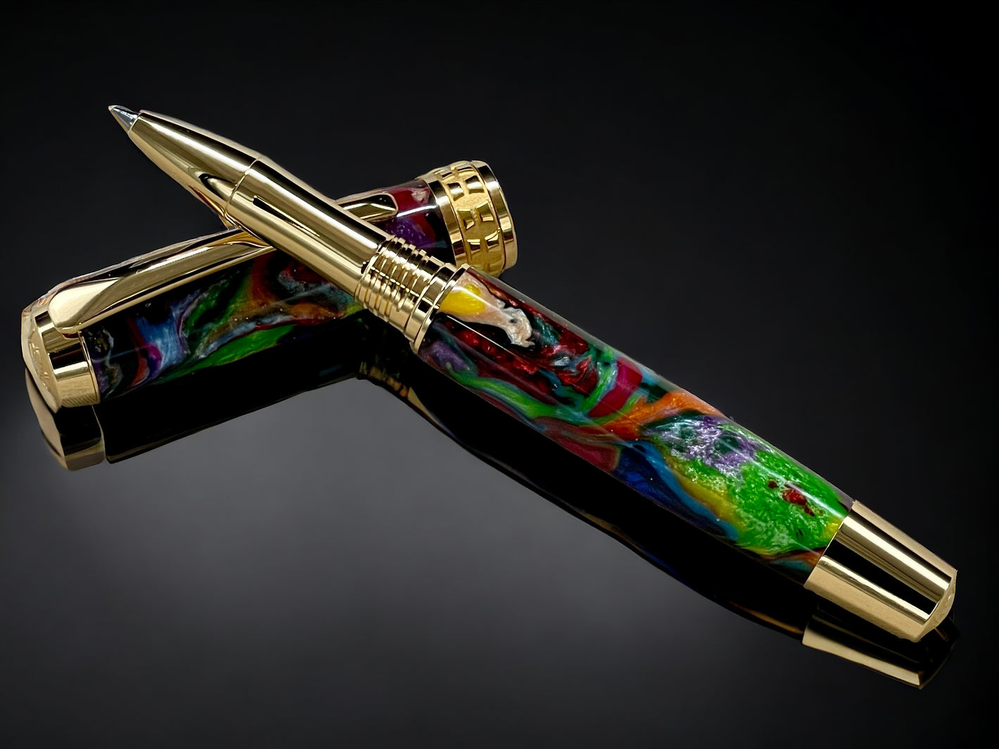 “Whimsical Colors”, One of a Kind Gold SKYE, Handmade Custom Acrylic Rollerball Pen. Artisan Rare & Unique, Completely Handcrafted  in Co, USA - HighlanderPen