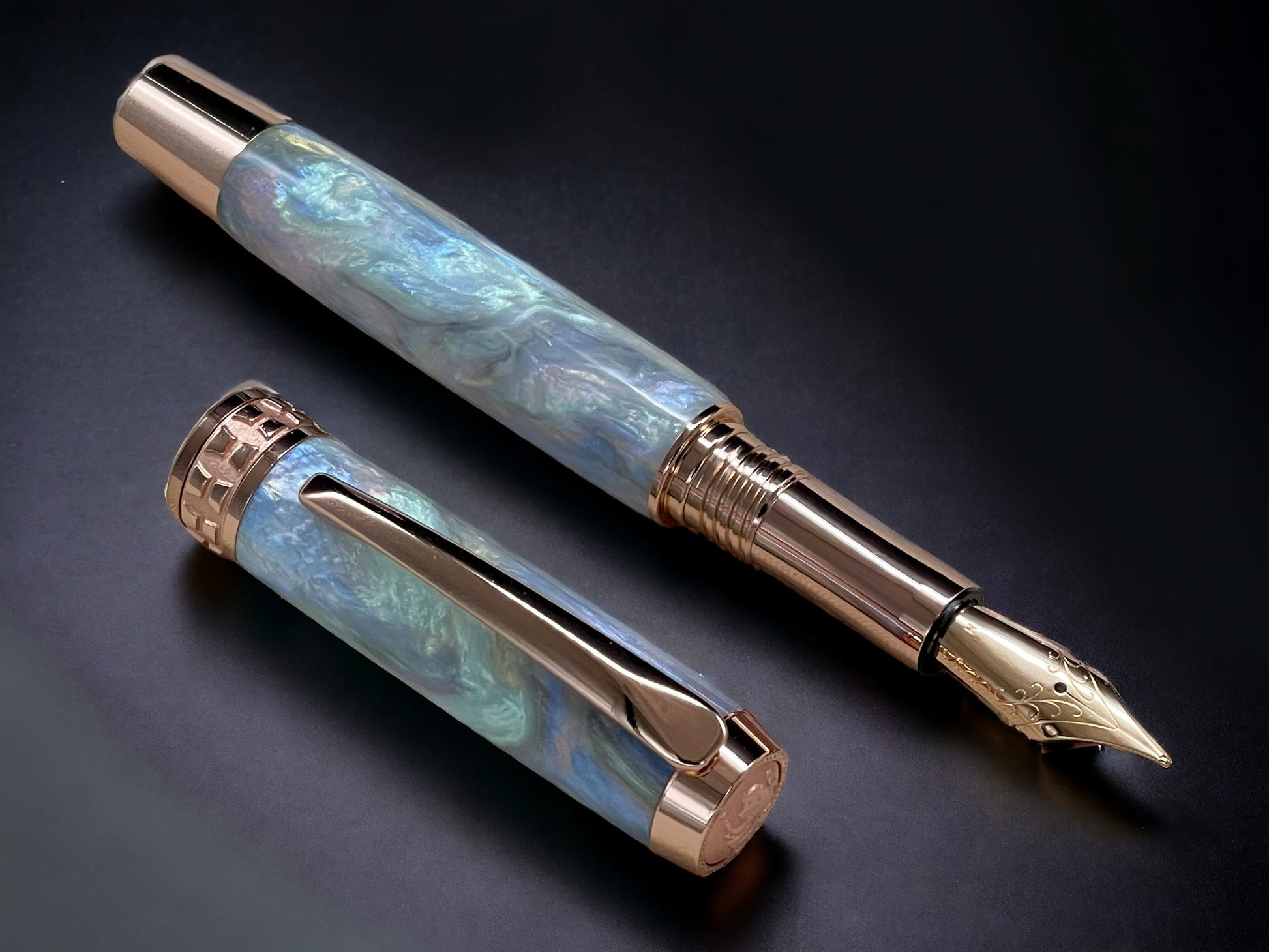 “Black Opal” Rose Gold Acrylic Fountain Pen, Artisan Handcrafted Writing Instrument. Simple to Use. Handmade Custom in Colorado, One of a Kind. - HighlanderPen