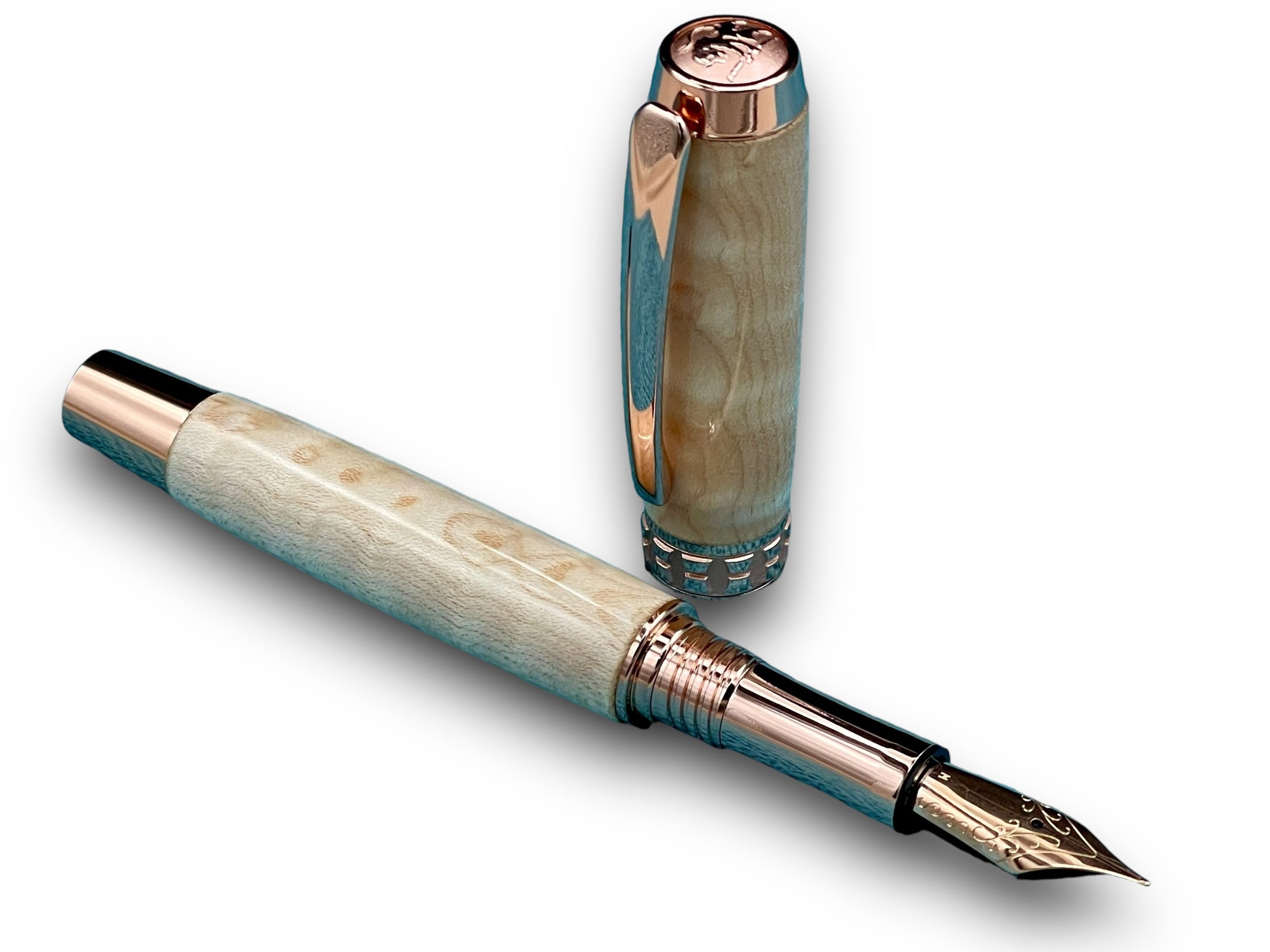 Exotic Curly Hard Maple Wood Rose Gold Fountain Pen, One of a Kind, Handmade in Colorado. Ink, Converter, Pen Sleeve & Box Included. - HighlanderPen