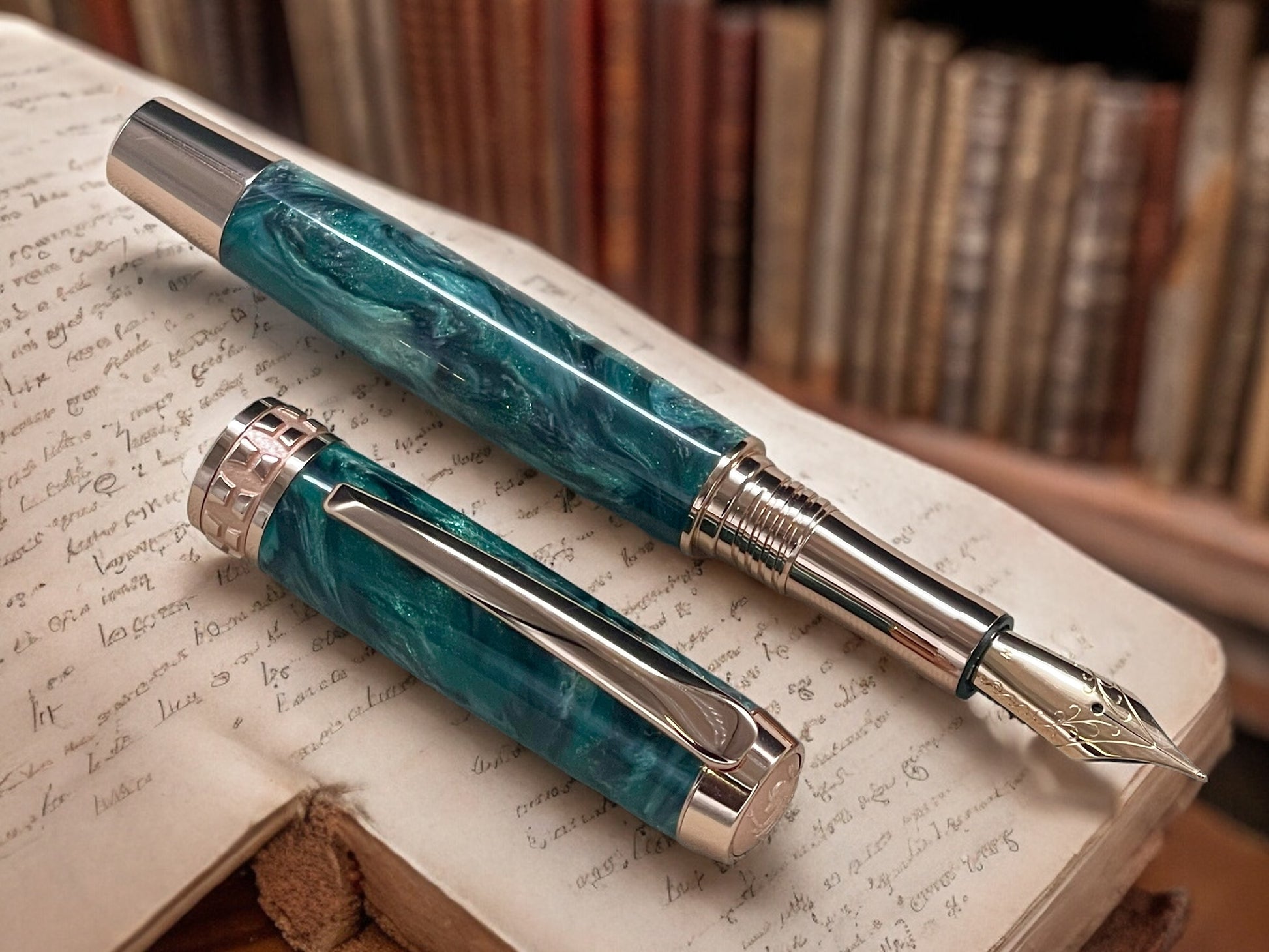 Elegant “Luminescent Green” Rose Gold Fountain Pen, Artisan Handcrafted Writing Instrument. Simple to Use. Handmade in CO w/ Custom Hardware. - HighlanderPen