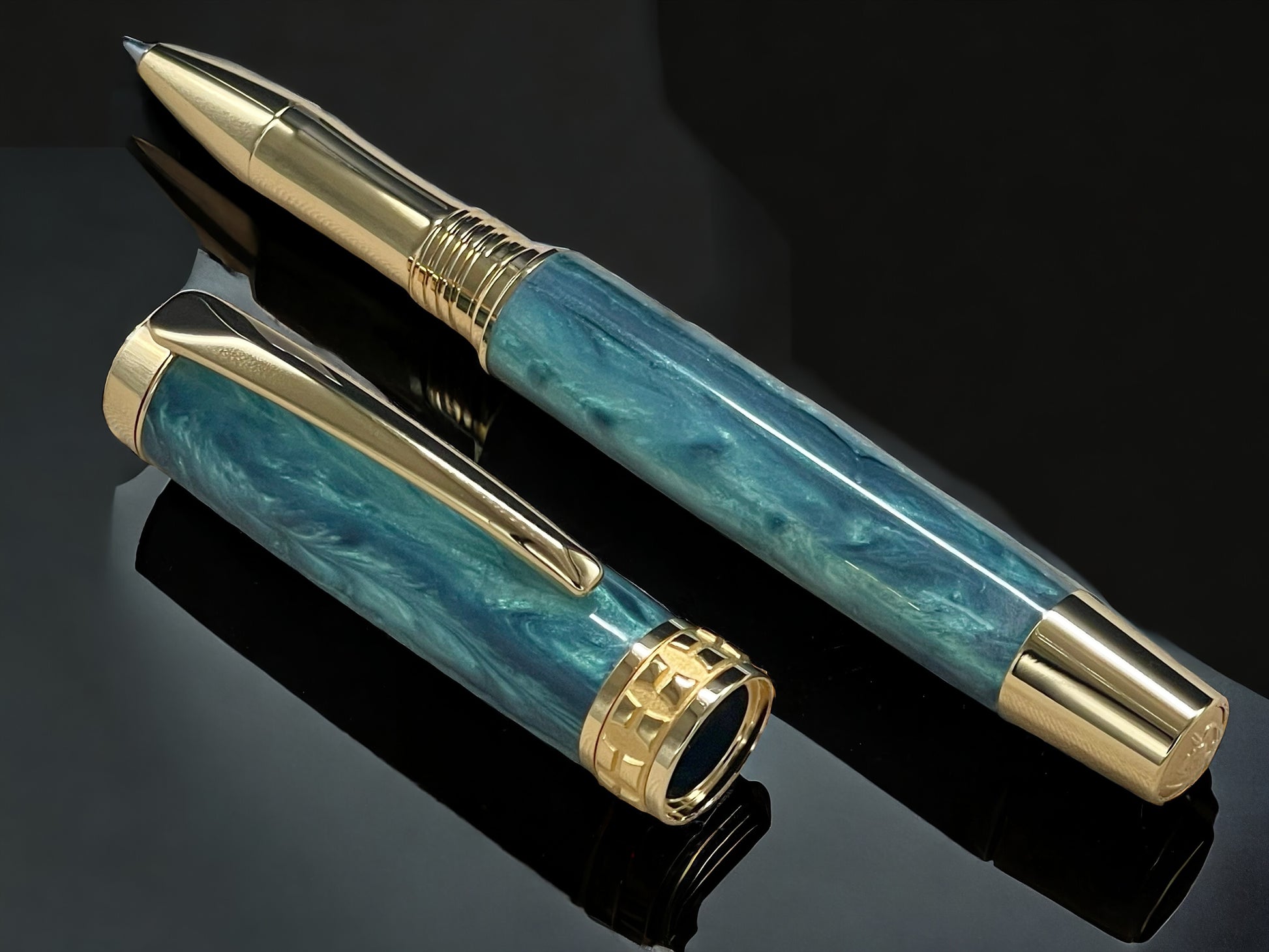 Iridescent Green, One of a Kind Gold, Handmade Custom Acrylic Rollerball Pen. Artisan Rare & Unique, Completely Handcrafted  in Co, USA - HighlanderPen