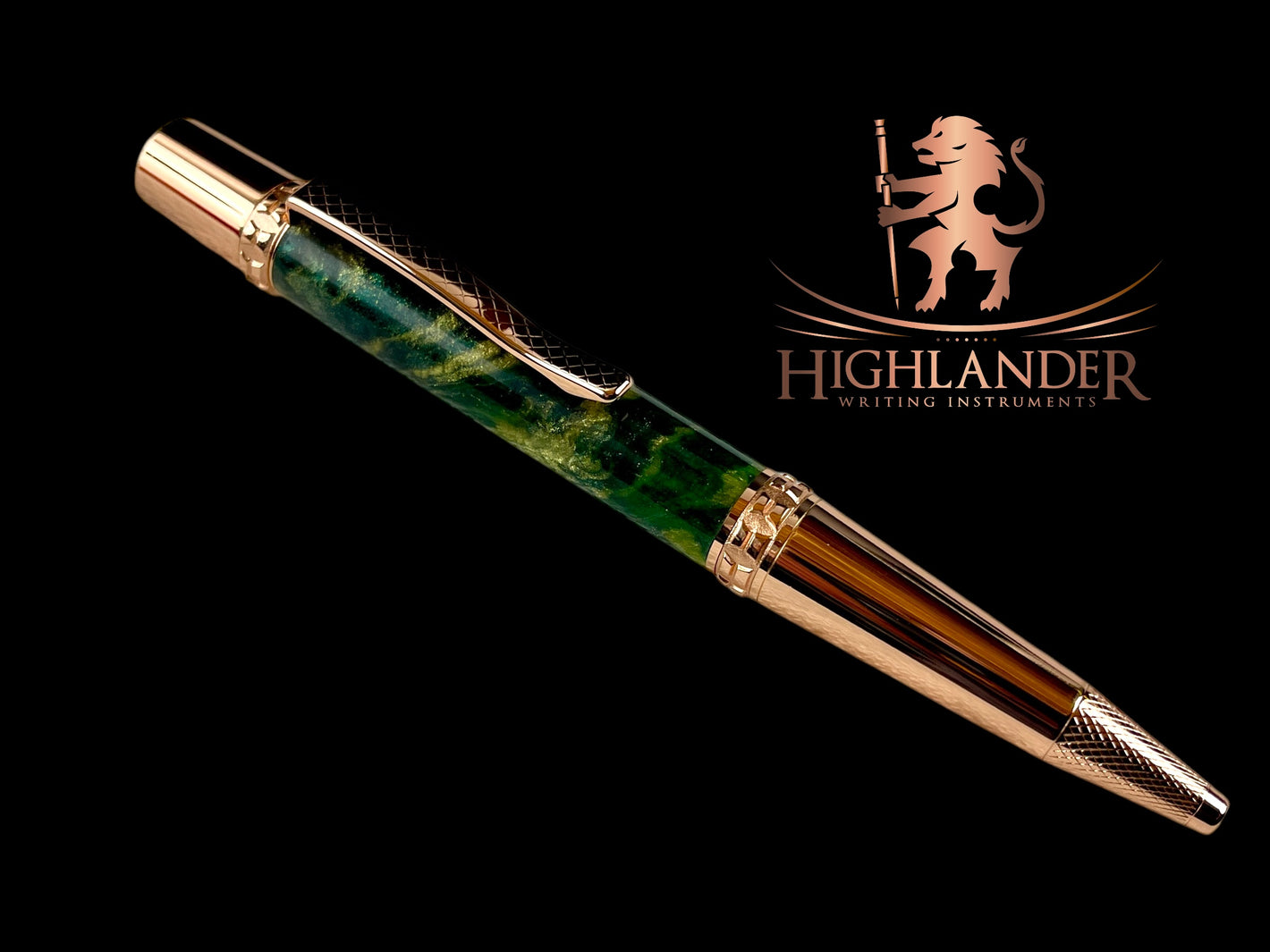 Red Gold "British Racing Green" Handmade Glasgow Ballpoint Pen. One of a Kind, Handcrafted by Highlander Pen. Box, Ink, & Sleeve Included. [ML-BP-1218-01]