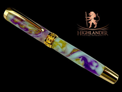 Gold “Purple Jade” Handmade Rollerball Pen, One of a Kind, Handcrafted in CO. Ink, Velvet Sleeve, and Pen Box Included, By Highlander Pen. [ML-RB-1201-06]