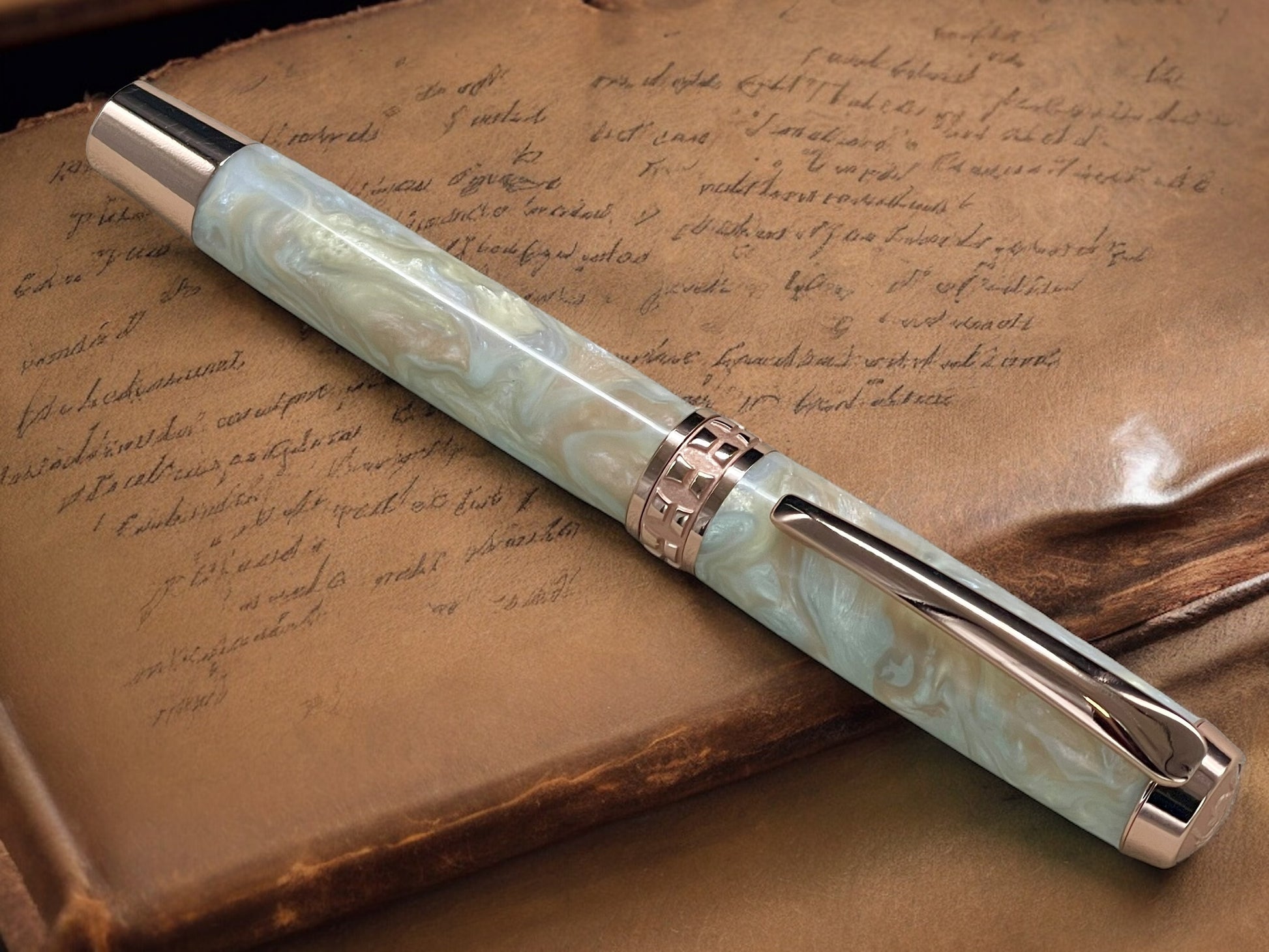 Elegant Pastel Opal Rose Gold Fountain Pen, Artisan Handcrafted Writing Instrument. Simple to Use. Handmade Custom in CO USA. One of a Kind - HighlanderPen