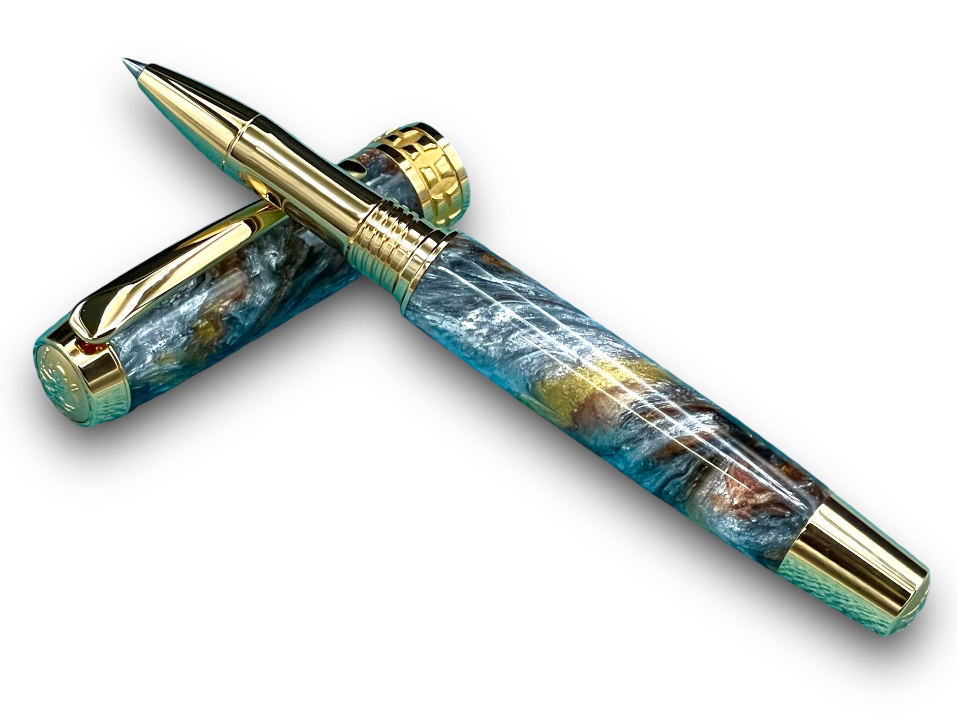 Beautiful “Molten Metals” Handcrafted Gold Rollerball Pen, One of a Kind, Handmade in Colorado. Ink, Velvet Sleeve, and Pen Box Included. - HighlanderPen