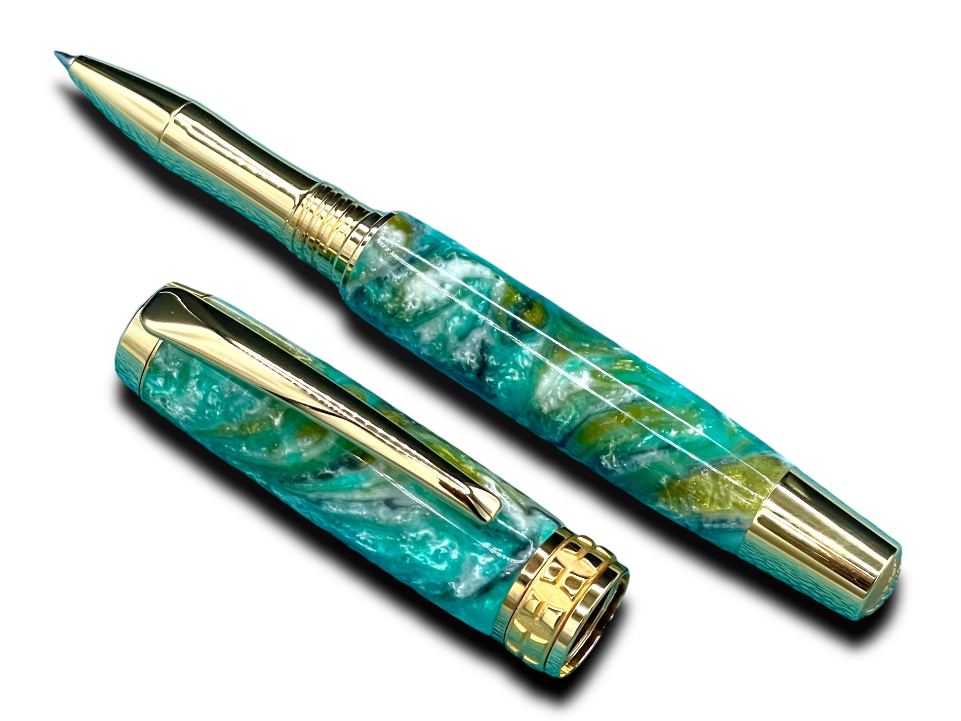 Elegant “Teal Swirl” Handcrafted Gold Rollerball Pen, One of a Kind, Handmade in Colorado. Ink, Velvet Sleeve, and Pen Box Included. - HighlanderPen