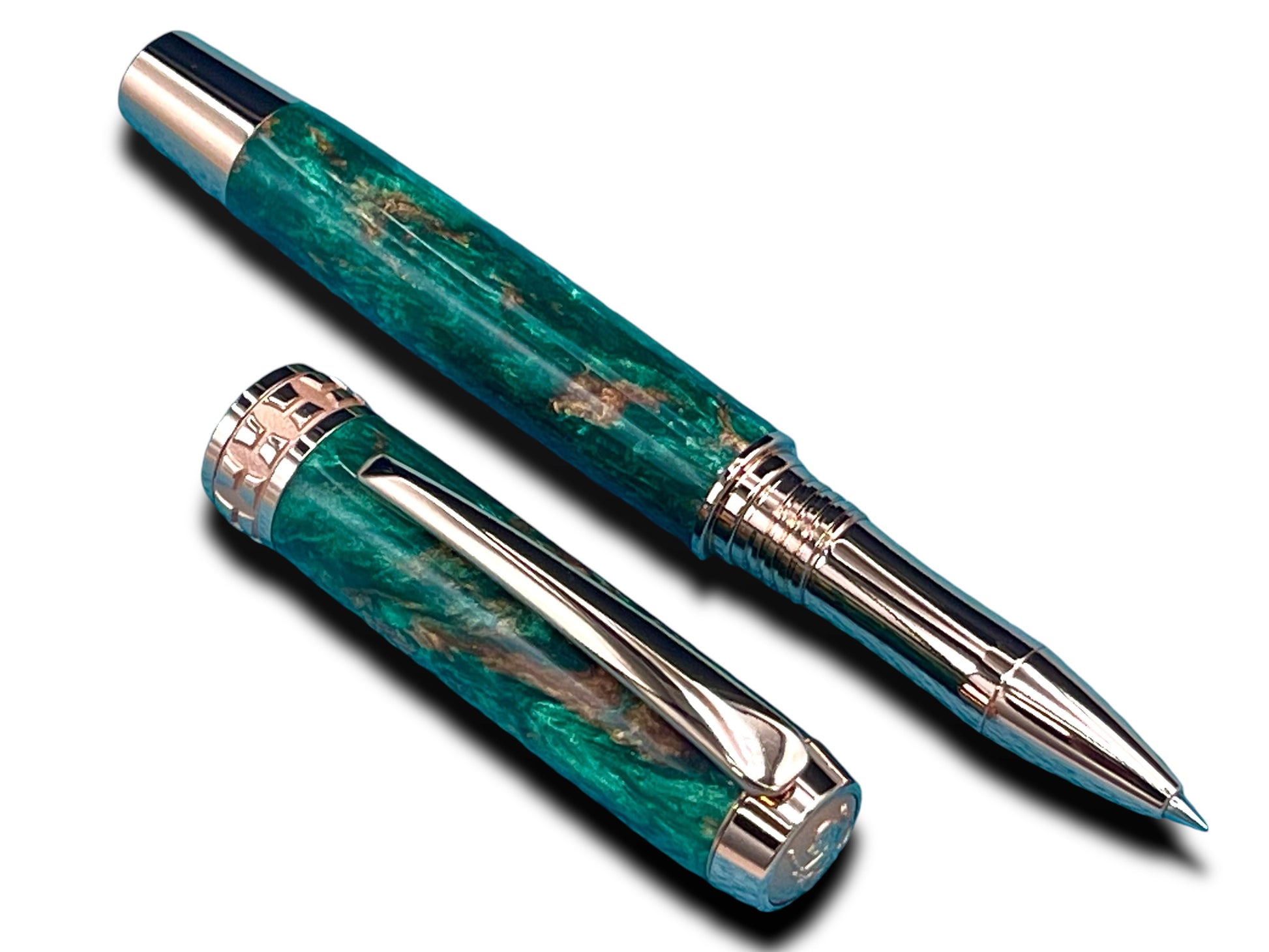 Elegant “British Racing Green”, Rose Gold Acrylic Rollerball Pen, Artisan Handcrafted Writing Instrument. One of a Kind, with Box, Sleeve, & Ink. - HighlanderPen