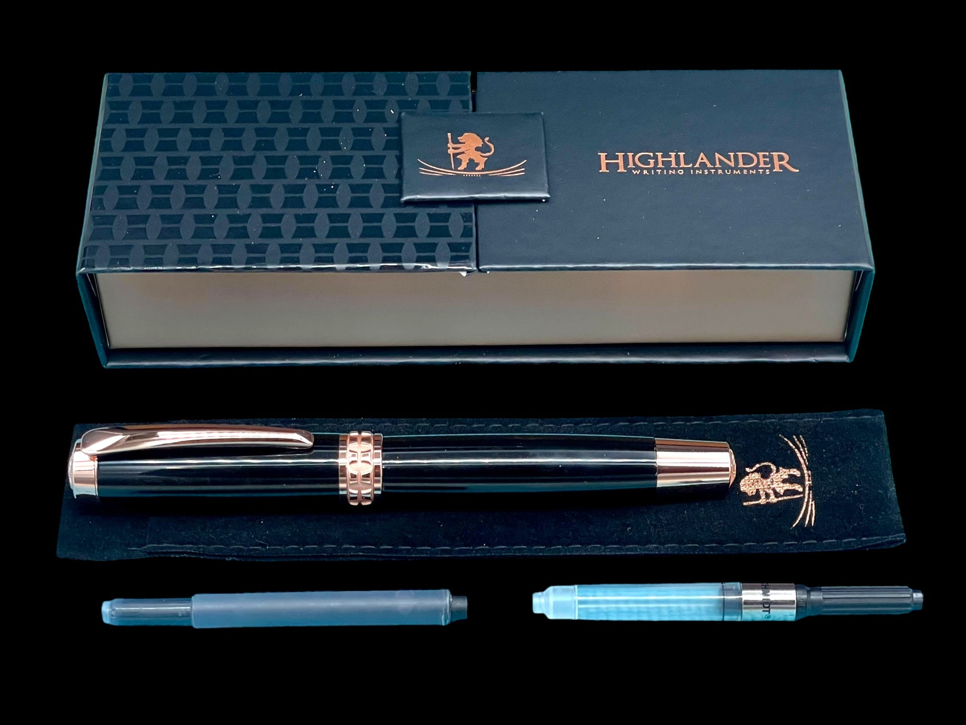 Exotic Gaboon Ebony Wood~Highlander Rose Gold Fountain Pen, One of a Kind, Handmade in Colorado. Ink, Converter, Pen Sleeve & Box Included. (ML-FP-0926-02) - HighlanderPen